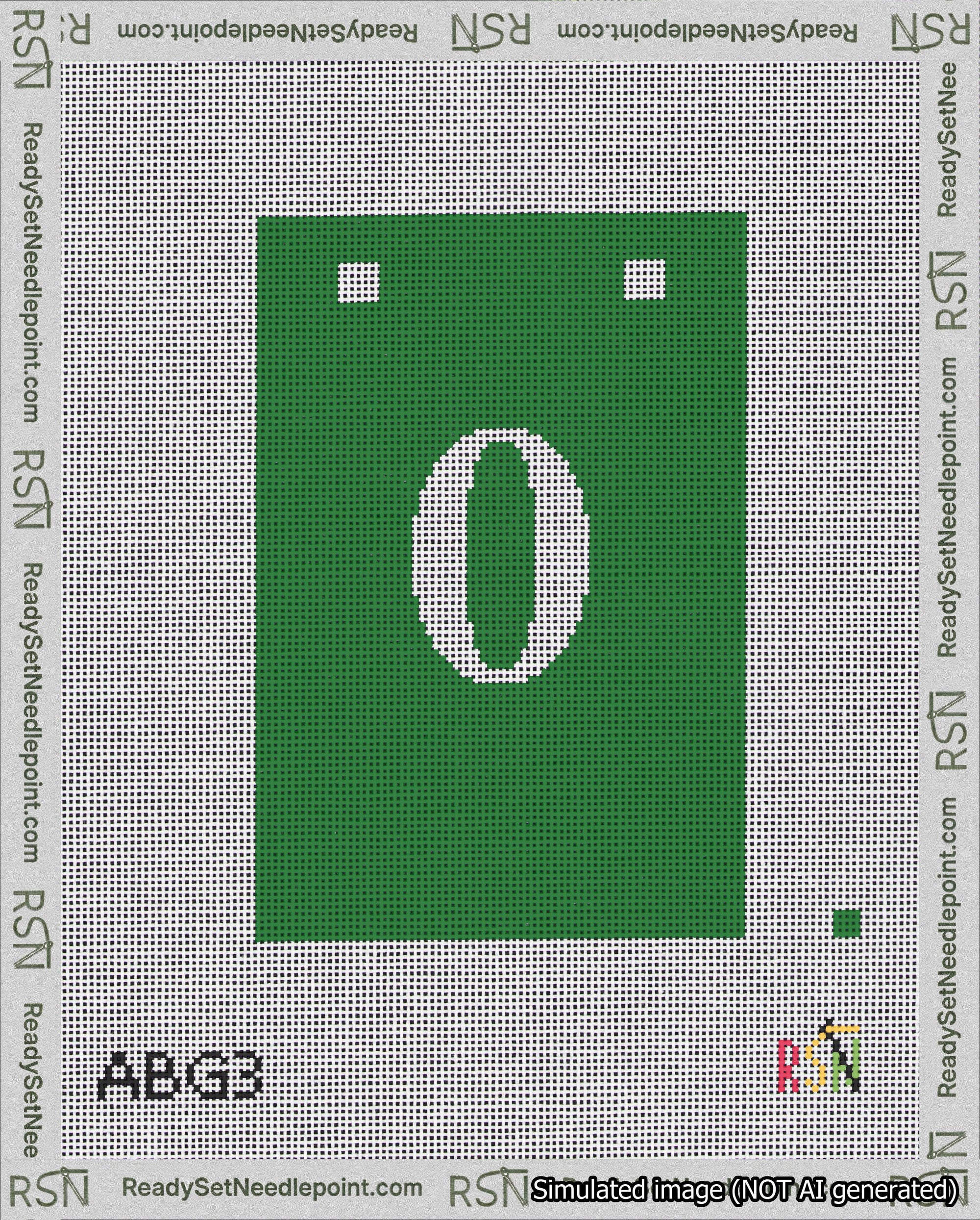 A taped needlepoint canvas with the design: Banner 18 mesh count Squared 0 White on Green.