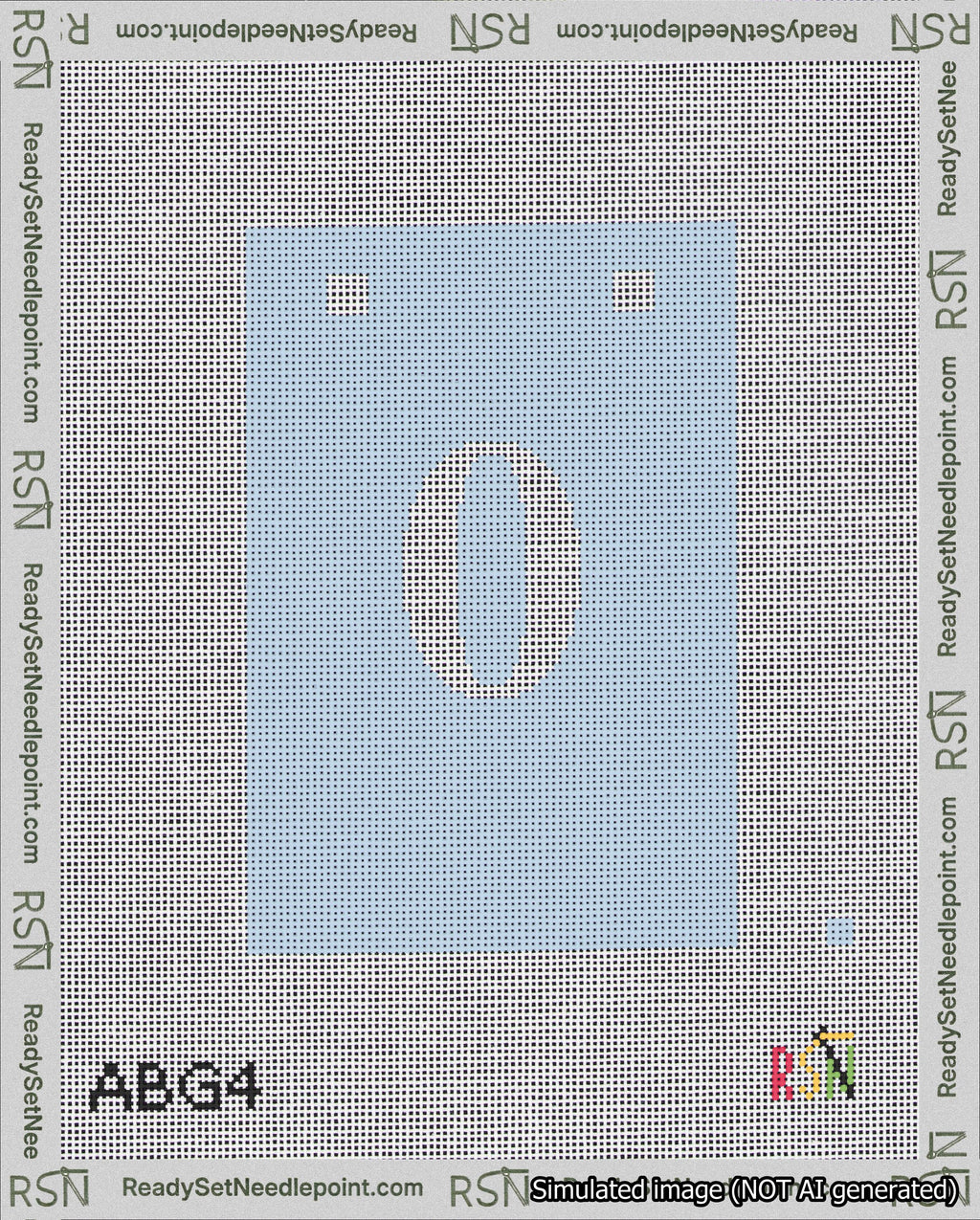 A taped needlepoint canvas with the design: Banner 18 mesh count Squared 0 White on Light Blue.