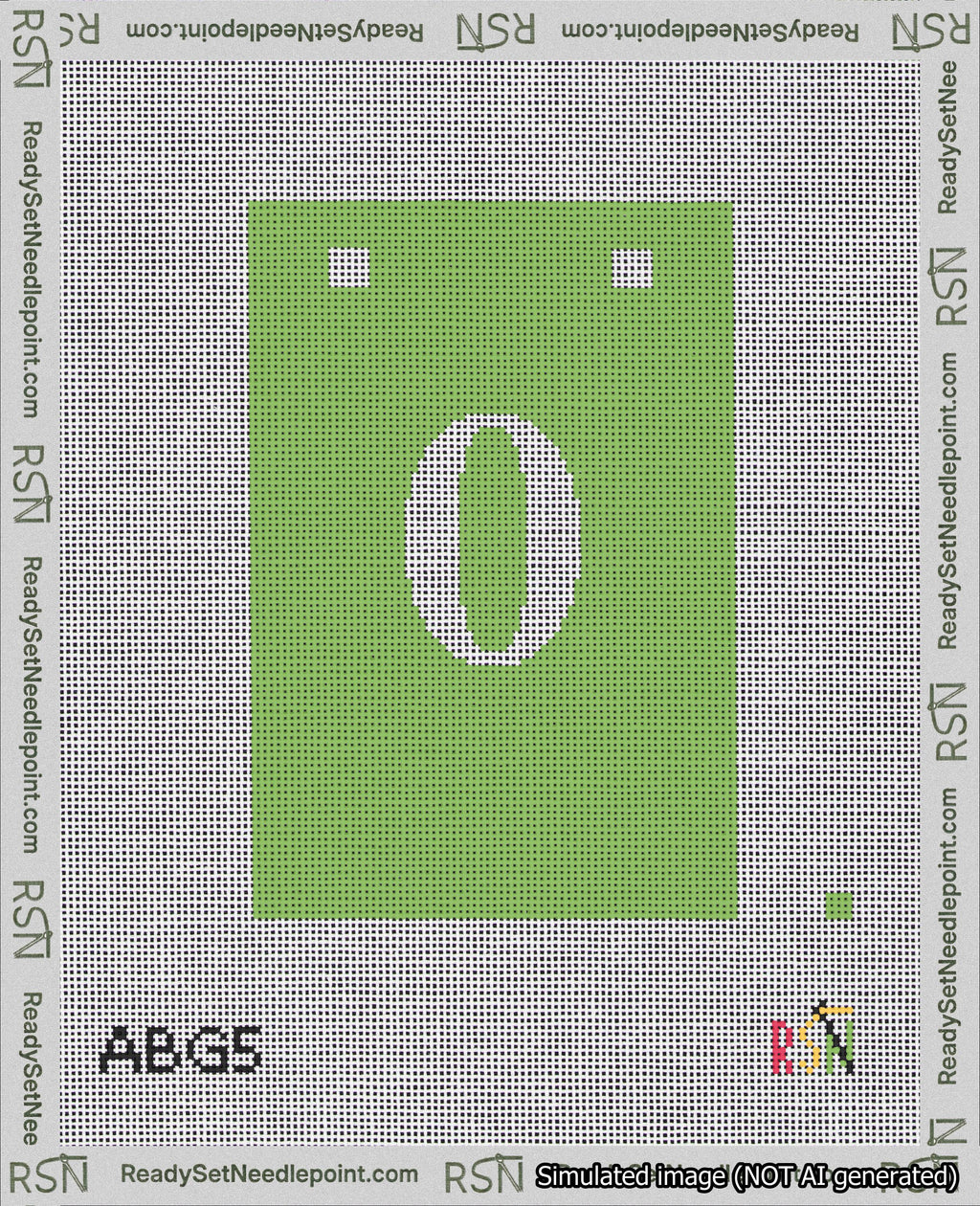 A taped needlepoint canvas with the design: Banner 18 mesh count Squared 0 White on Light Green.