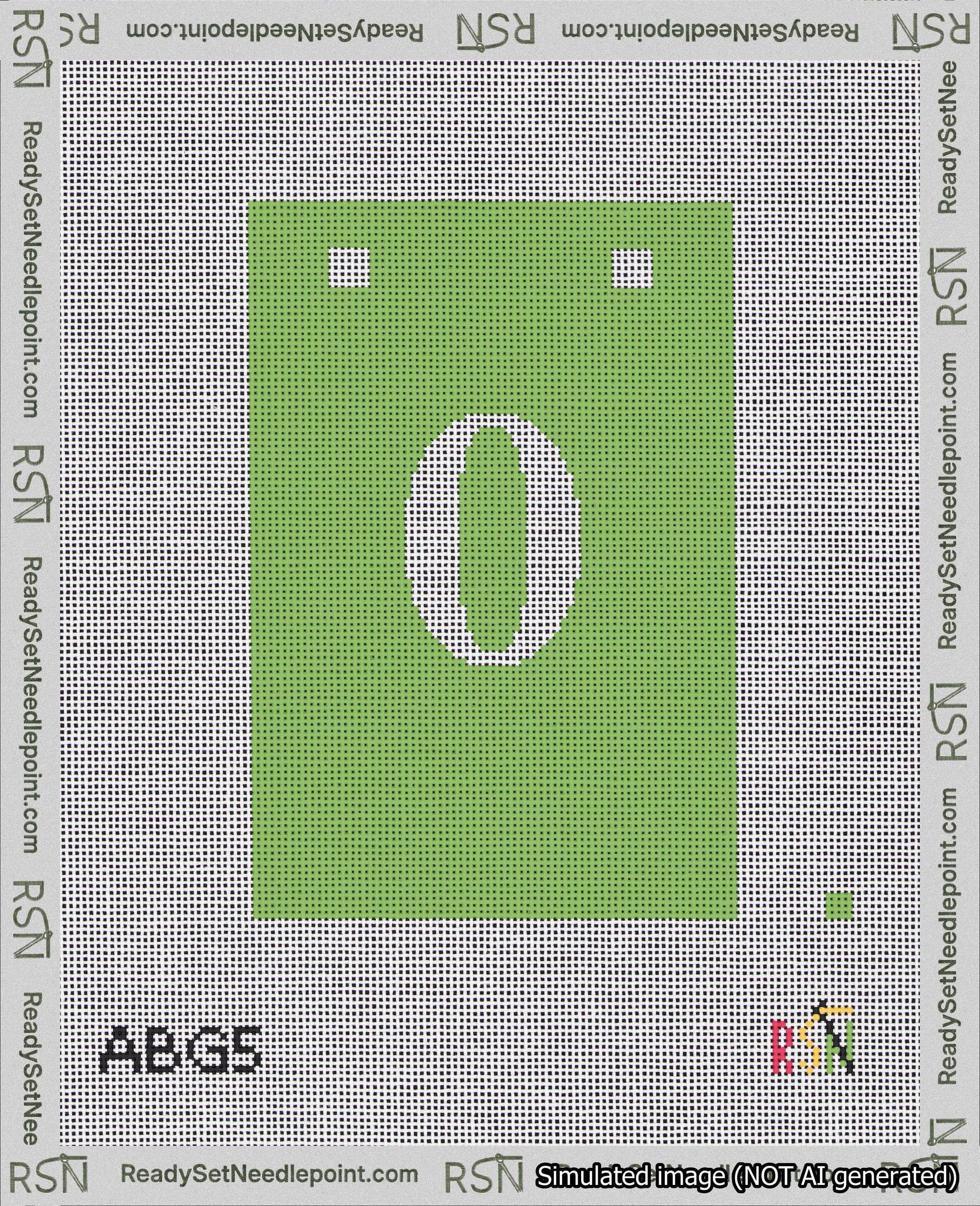 A taped needlepoint canvas with the design: Banner 18 mesh count Squared 0 White on Light Green.