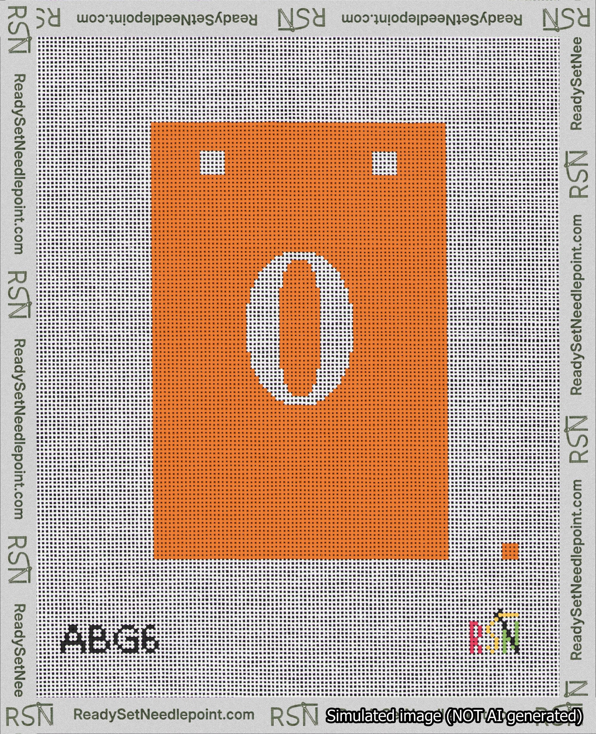A taped needlepoint canvas with the design: Banner 18 mesh count Squared 0 White on Orange.