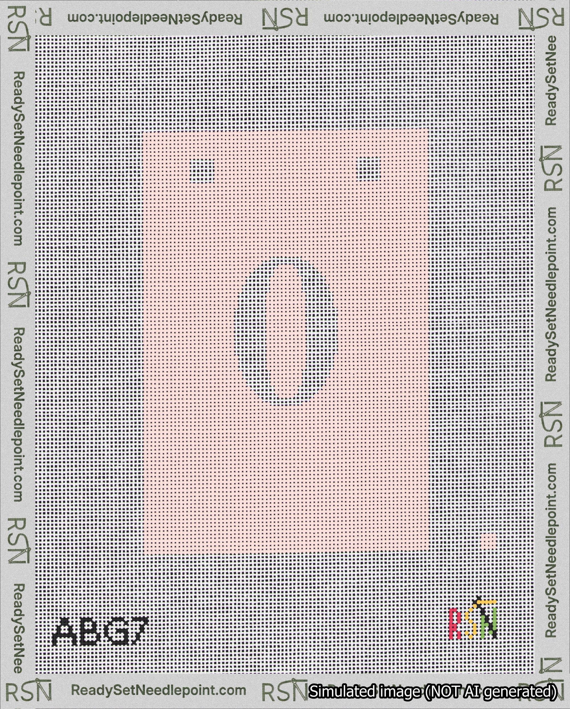 A taped needlepoint canvas with the design: Banner 18 mesh count Squared 0 White on Pink.