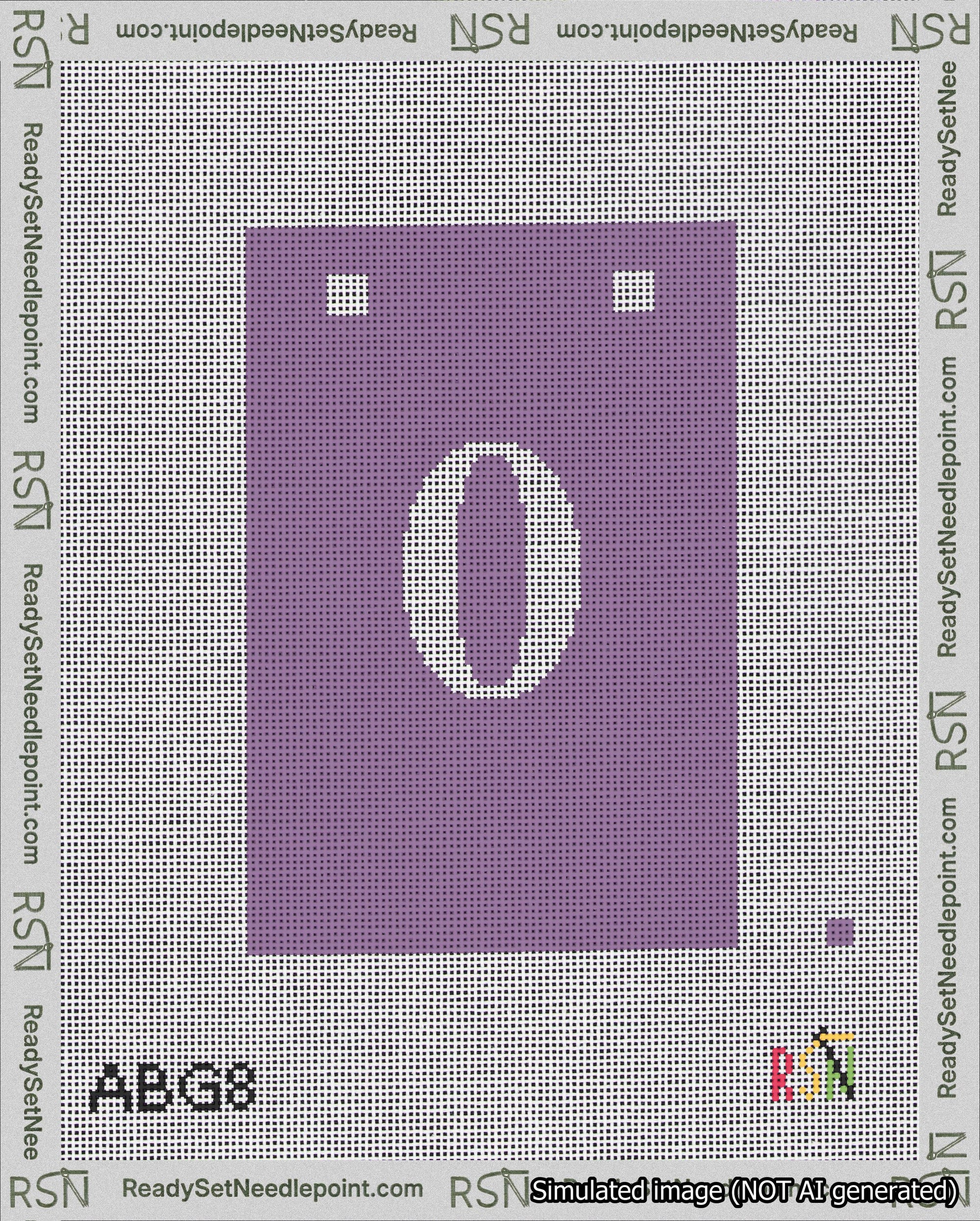 A taped needlepoint canvas with the design: Banner 18 mesh count Squared 0 White on Purple.