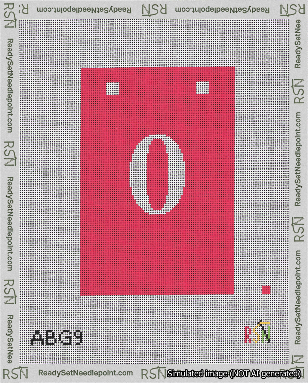 A taped needlepoint canvas with the design: Banner 18 mesh count Squared 0 White on Red.