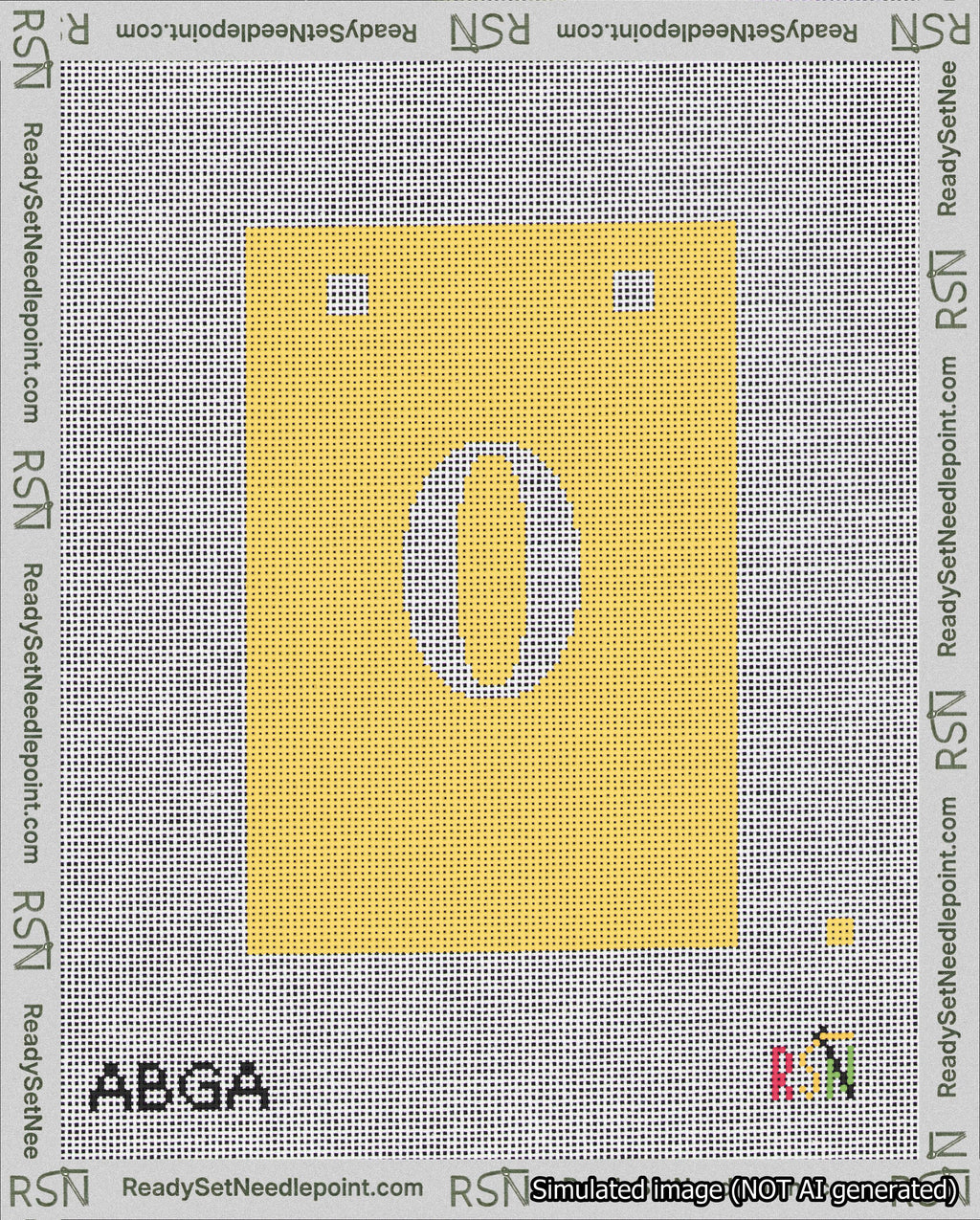 A taped needlepoint canvas with the design: Banner 18 mesh count Squared 0 White on Yellow.