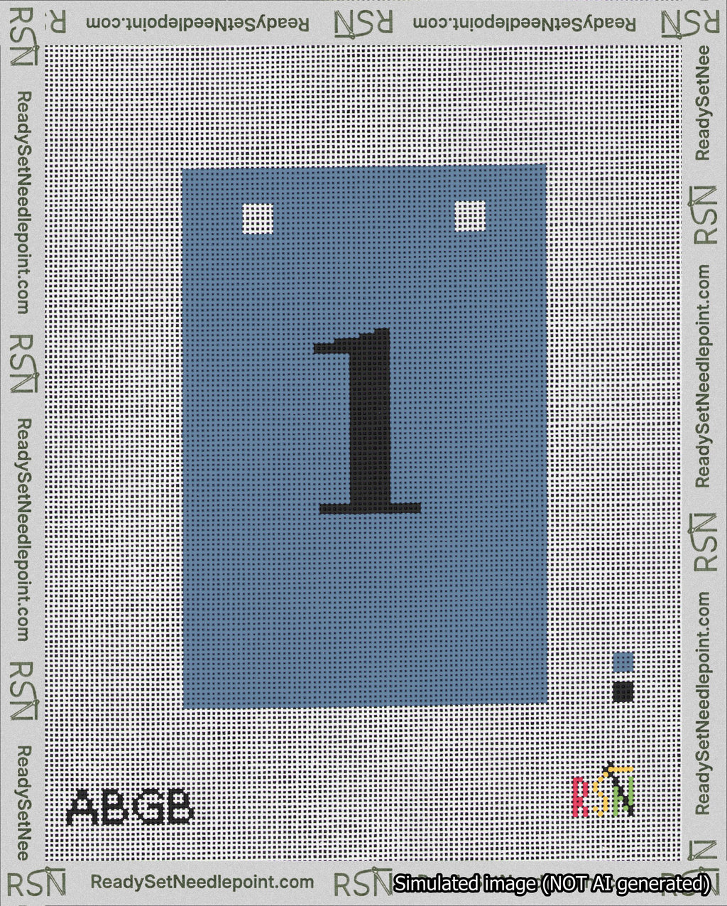 A taped needlepoint canvas with the design: Banner 18 mesh count Squared 1 Black on Blue.