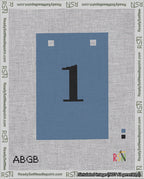 A taped needlepoint canvas with the design: Banner 18 mesh count Squared 1 Black on Blue.