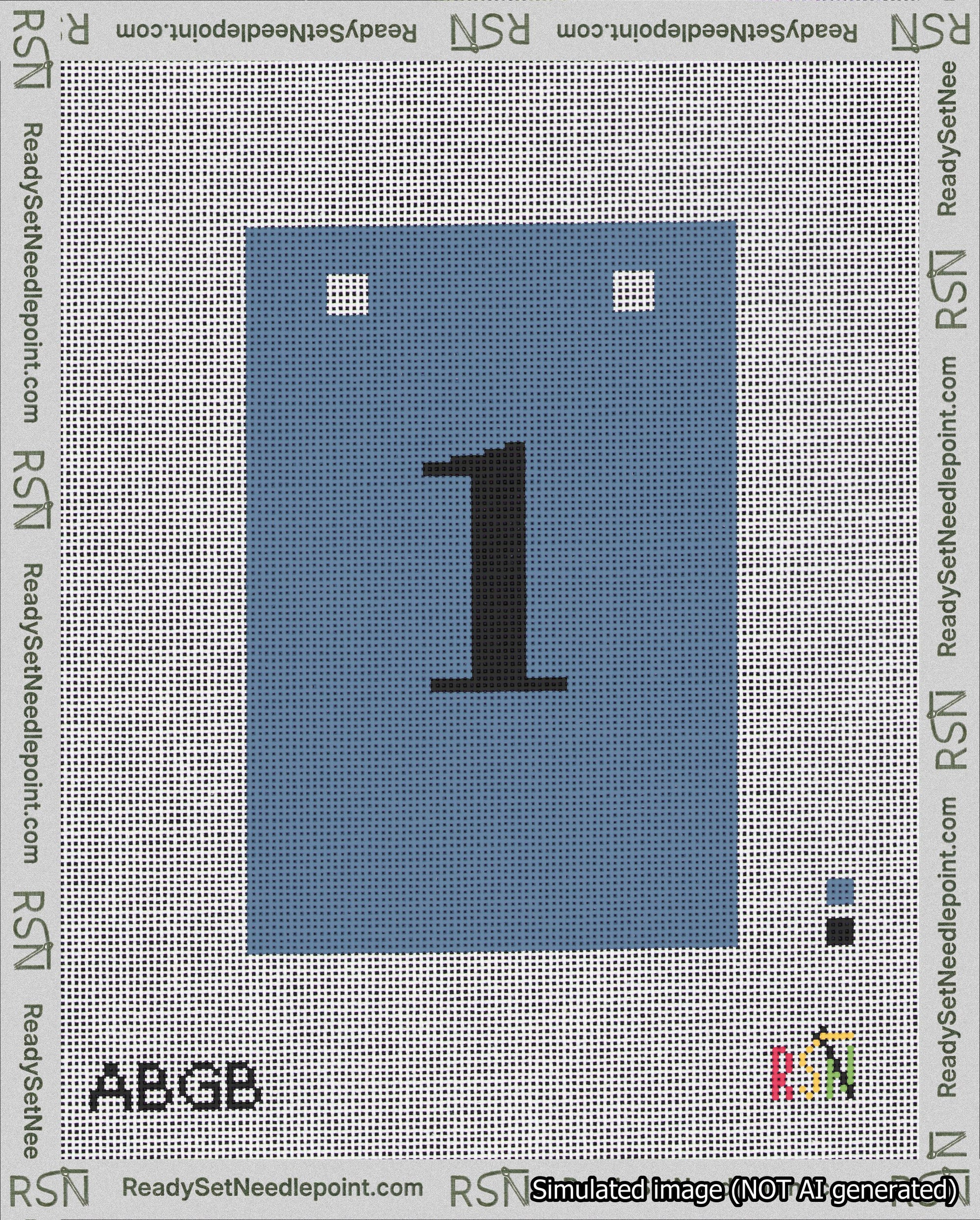A taped needlepoint canvas with the design: Banner 18 mesh count Squared 1 Black on Blue.