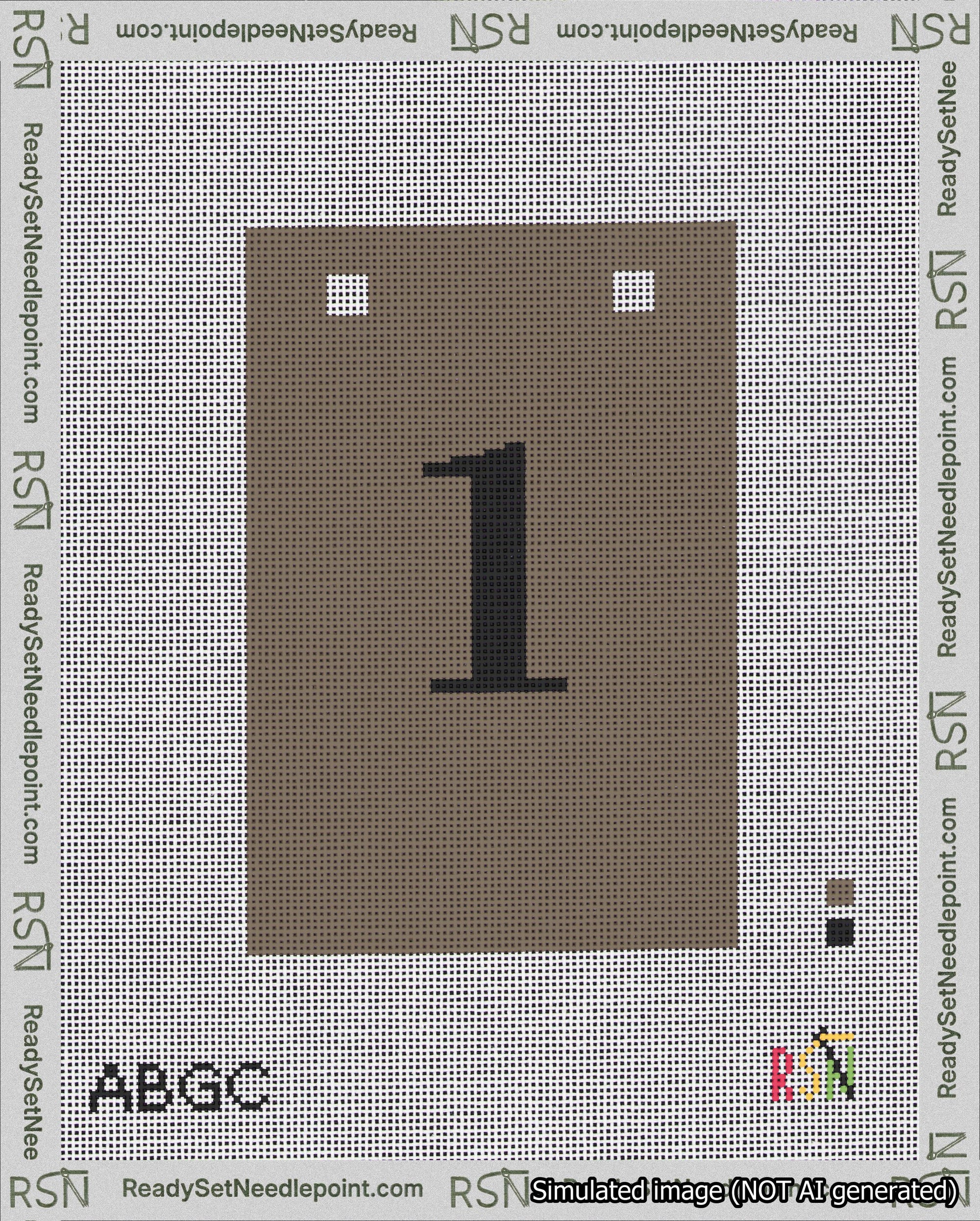 A taped needlepoint canvas with the design: Banner 18 mesh count Squared 1 Black on Brown.
