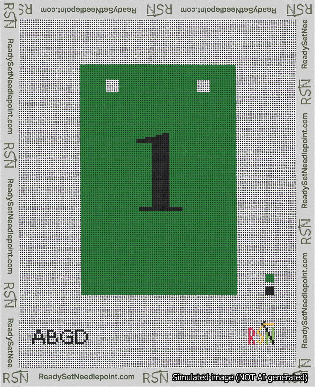 A taped needlepoint canvas with the design: Banner 18 mesh count Squared 1 Black on Green.