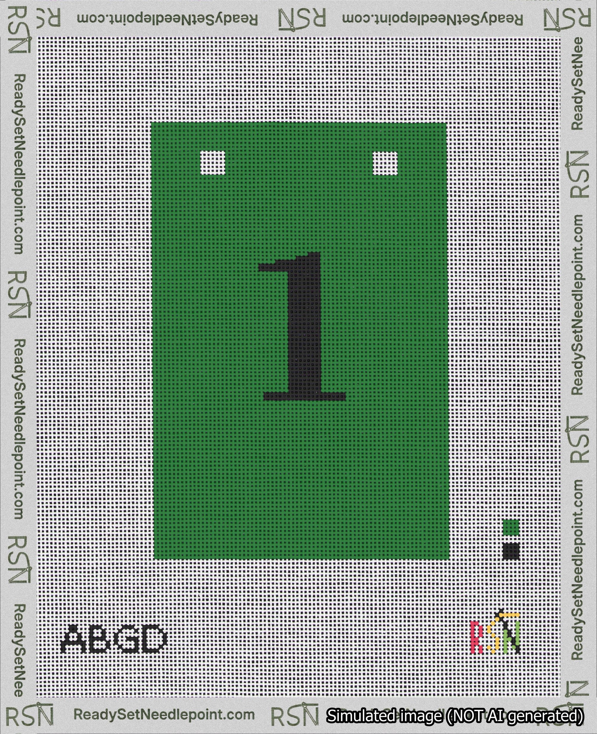 A taped needlepoint canvas with the design: Banner 18 mesh count Squared 1 Black on Green.