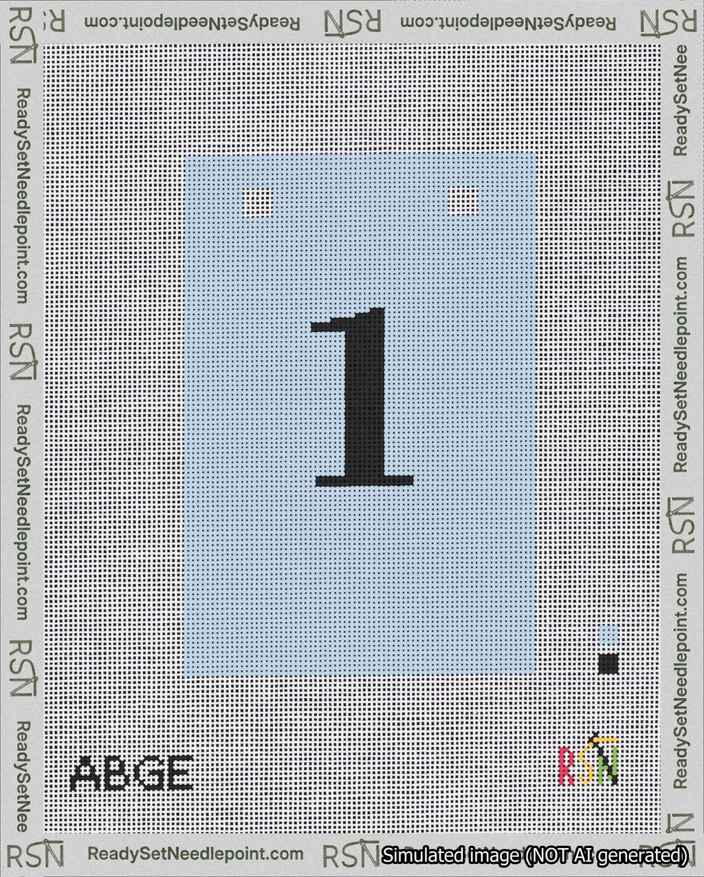A taped needlepoint canvas with the design: Banner 18 mesh count Squared 1 Black on Light Blue.