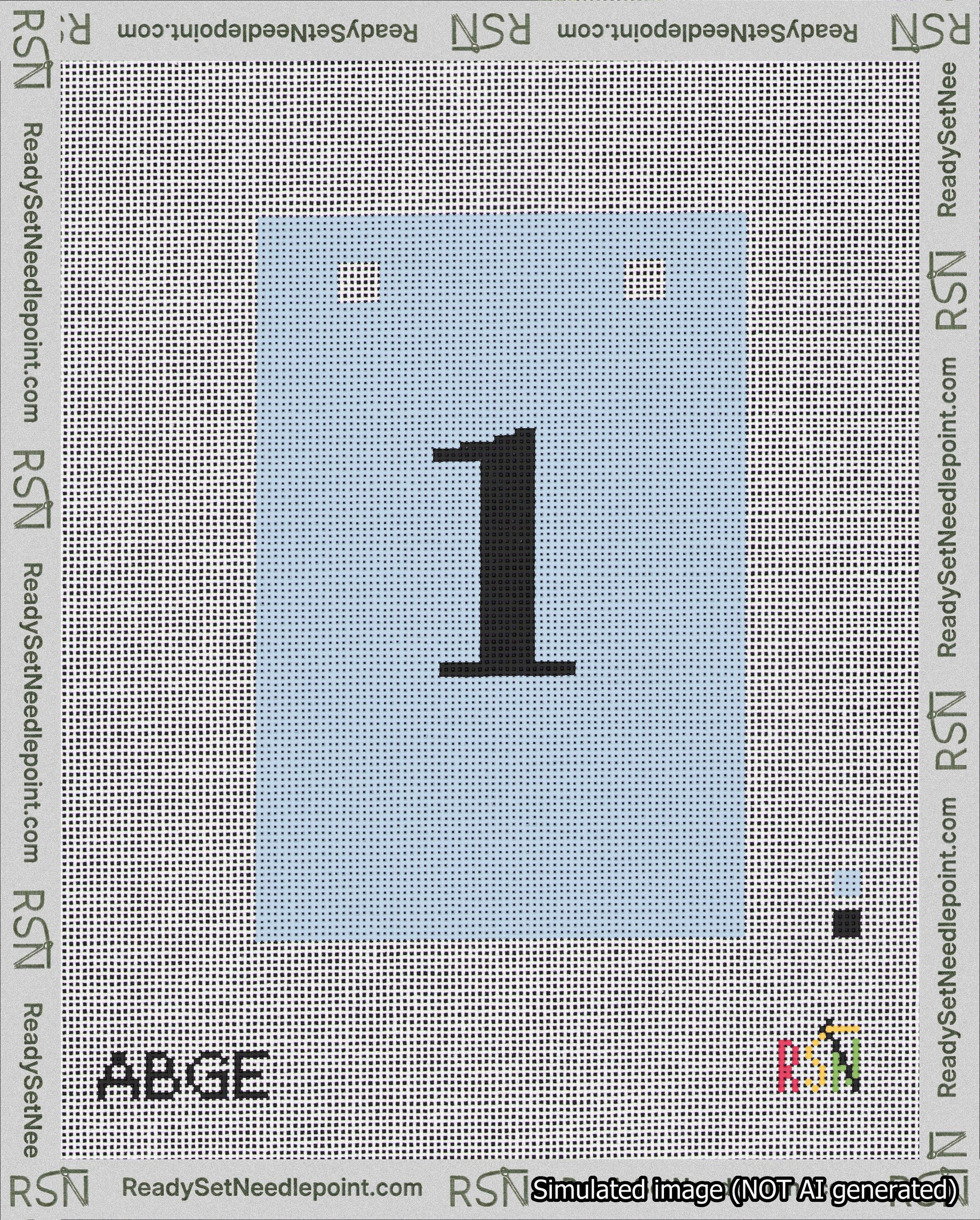 A taped needlepoint canvas with the design: Banner 18 mesh count Squared 1 Black on Light Blue.