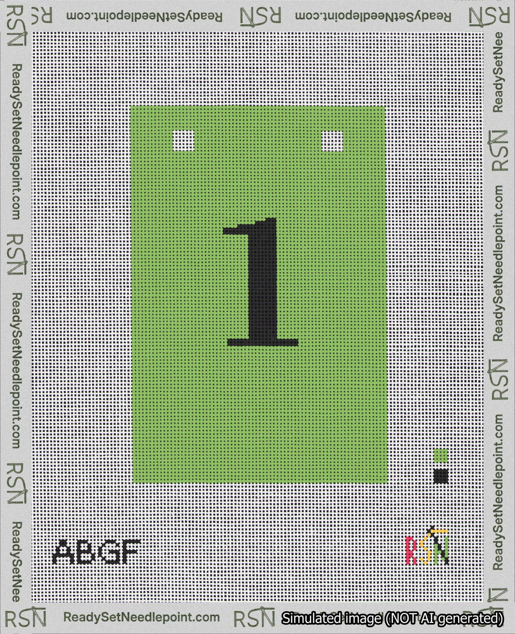 A taped needlepoint canvas with the design: Banner 18 mesh count Squared 1 Black on Light Green.
