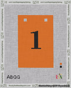 A taped needlepoint canvas with the design: Banner 18 mesh count Squared 1 Black on Orange.