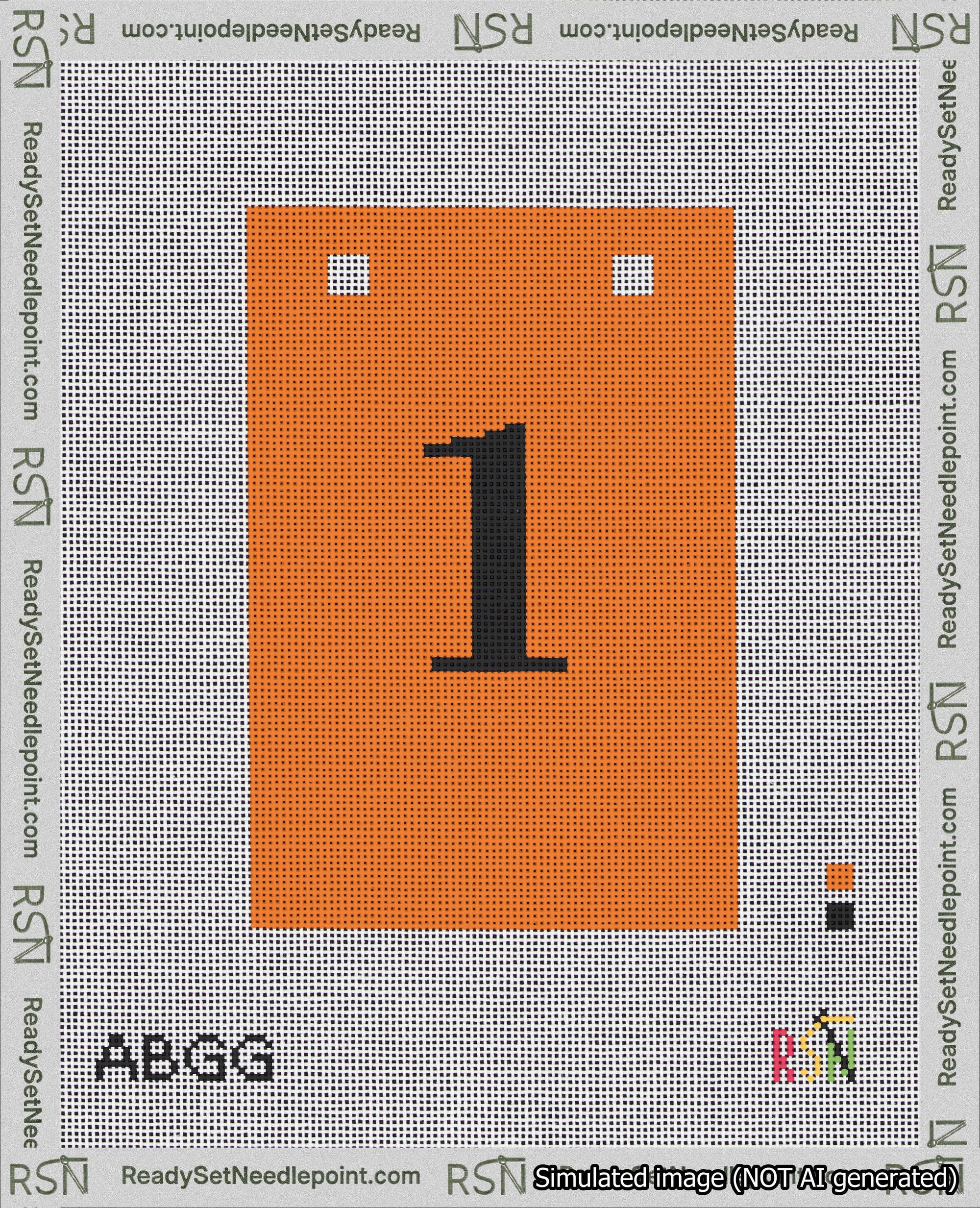 A taped needlepoint canvas with the design: Banner 18 mesh count Squared 1 Black on Orange.