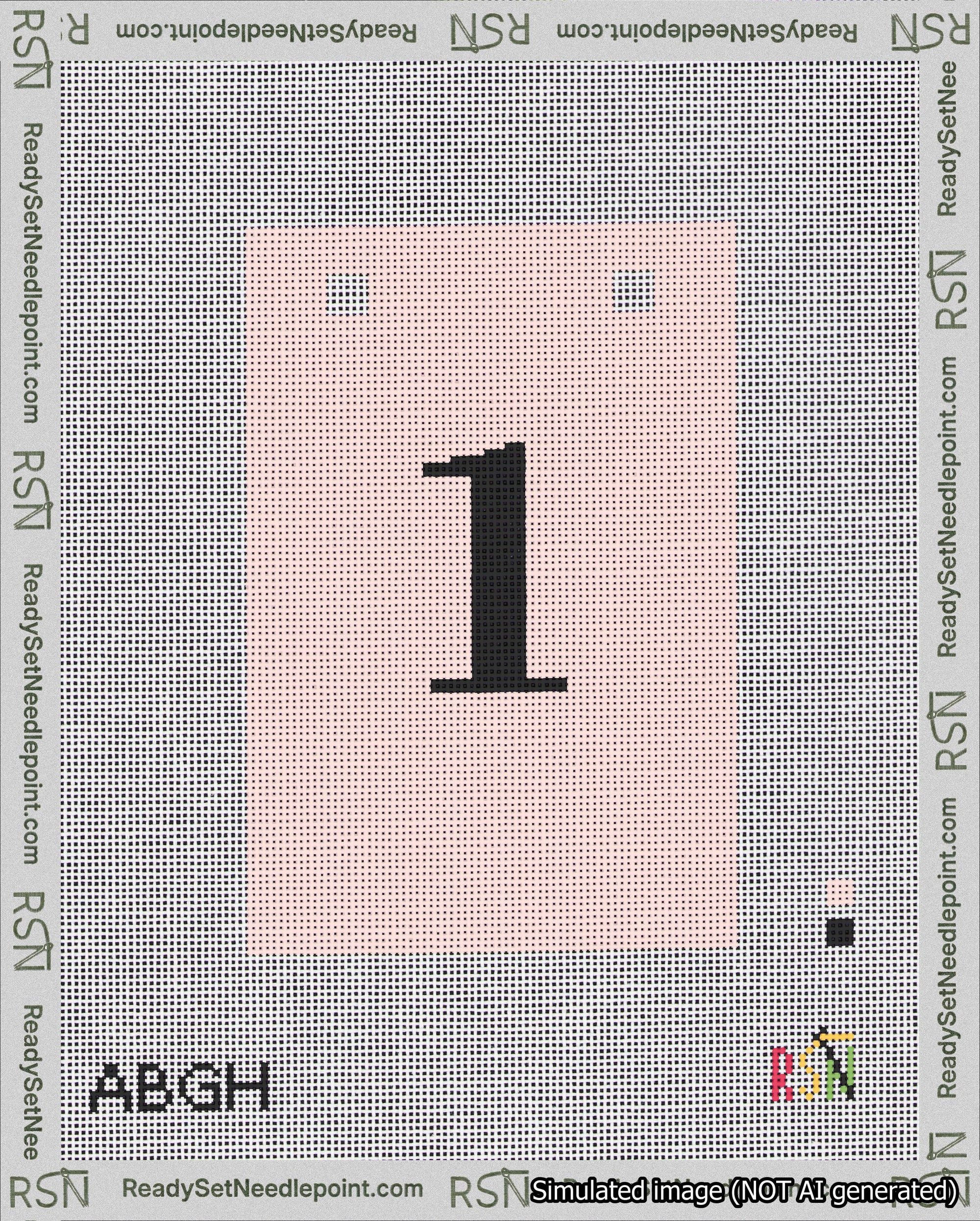 A taped needlepoint canvas with the design: Banner 18 mesh count Squared 1 Black on Pink.