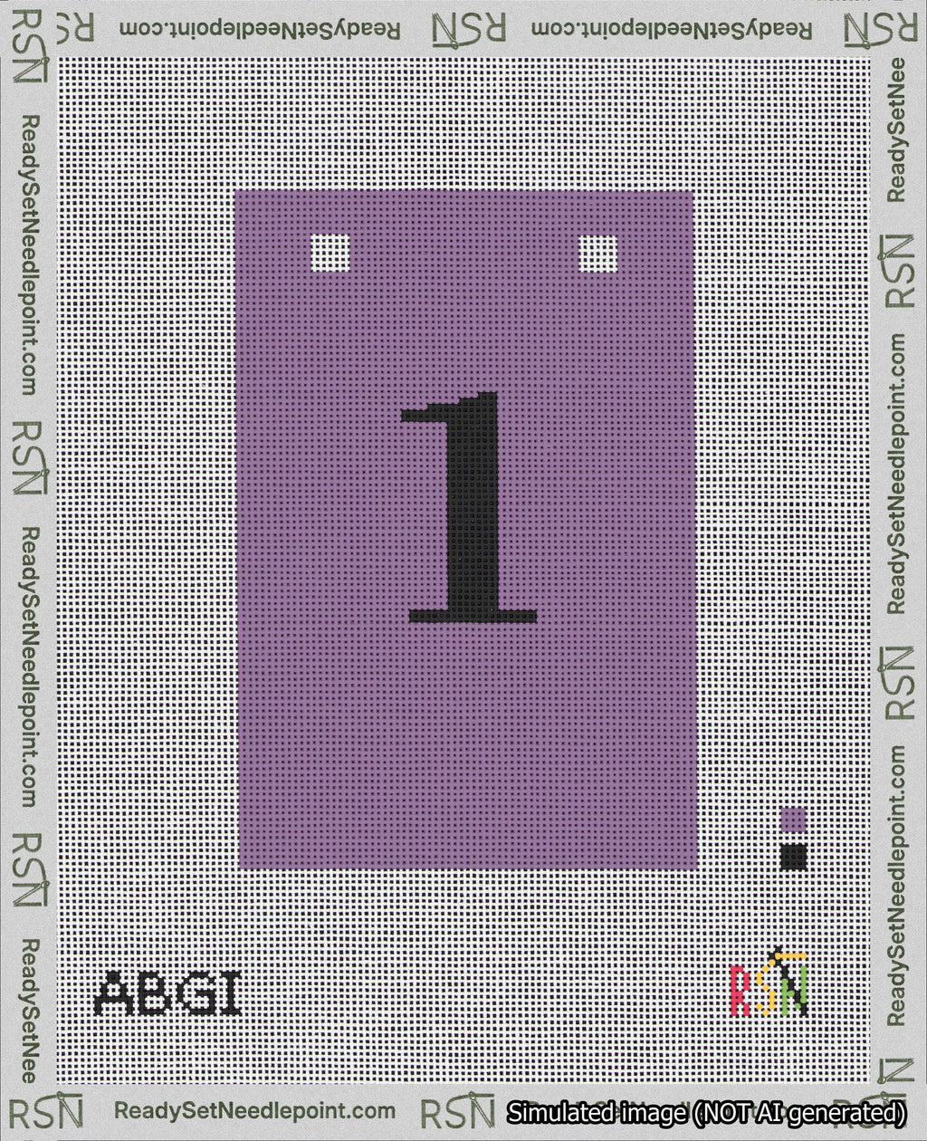 A taped needlepoint canvas with the design: Banner 18 mesh count Squared 1 Black on Purple.