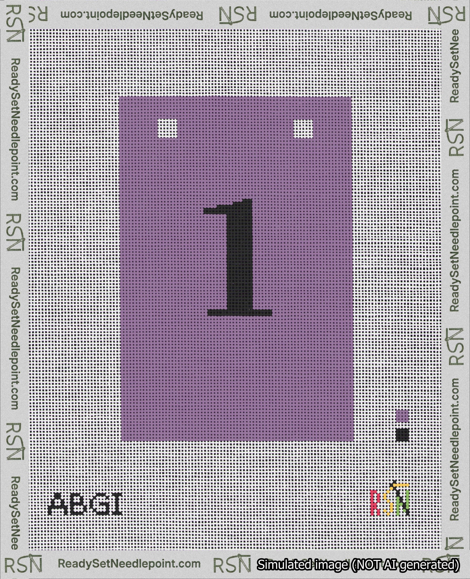 A taped needlepoint canvas with the design: Banner 18 mesh count Squared 1 Black on Purple.