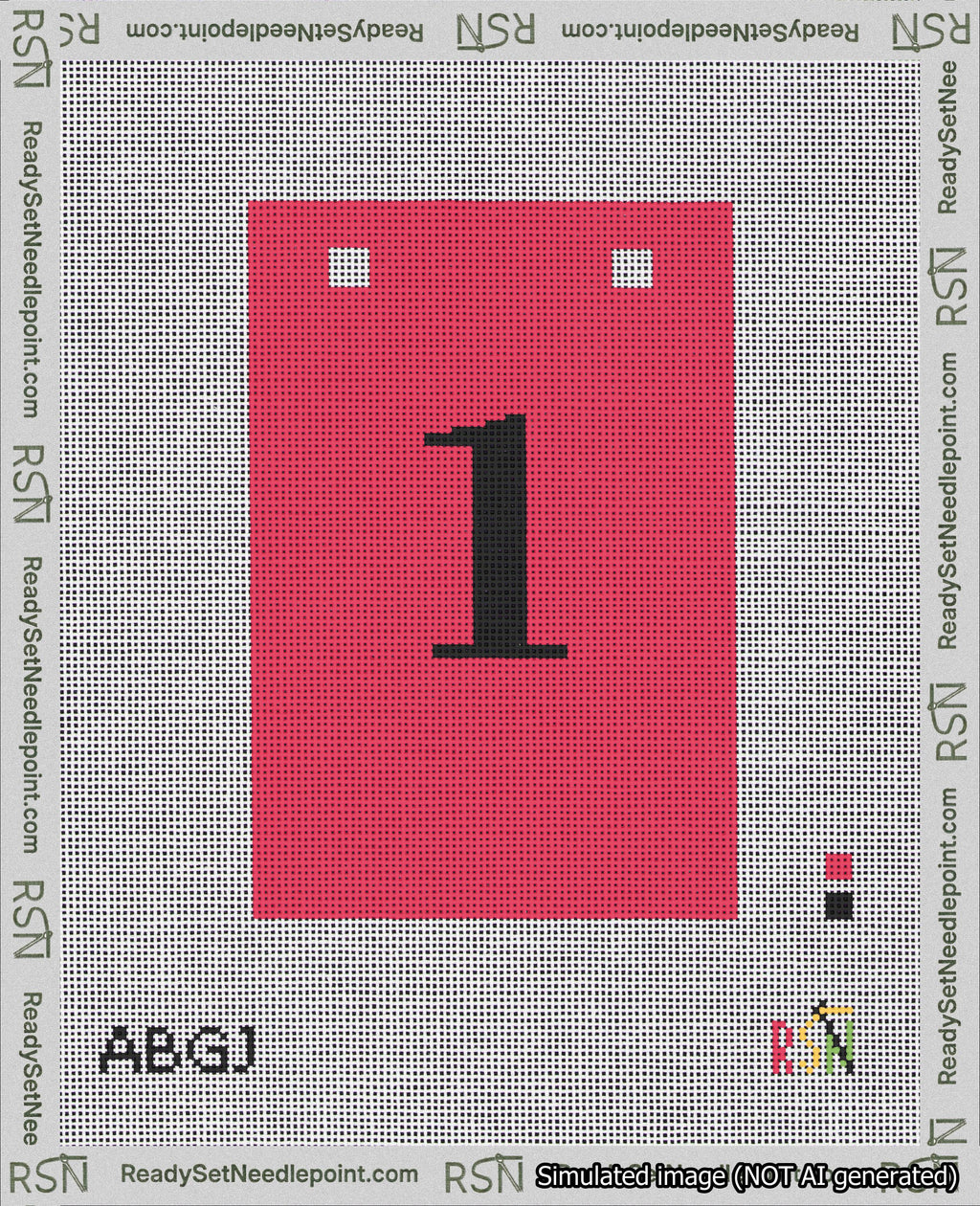 A taped needlepoint canvas with the design: Banner 18 mesh count Squared 1 Black on Red.