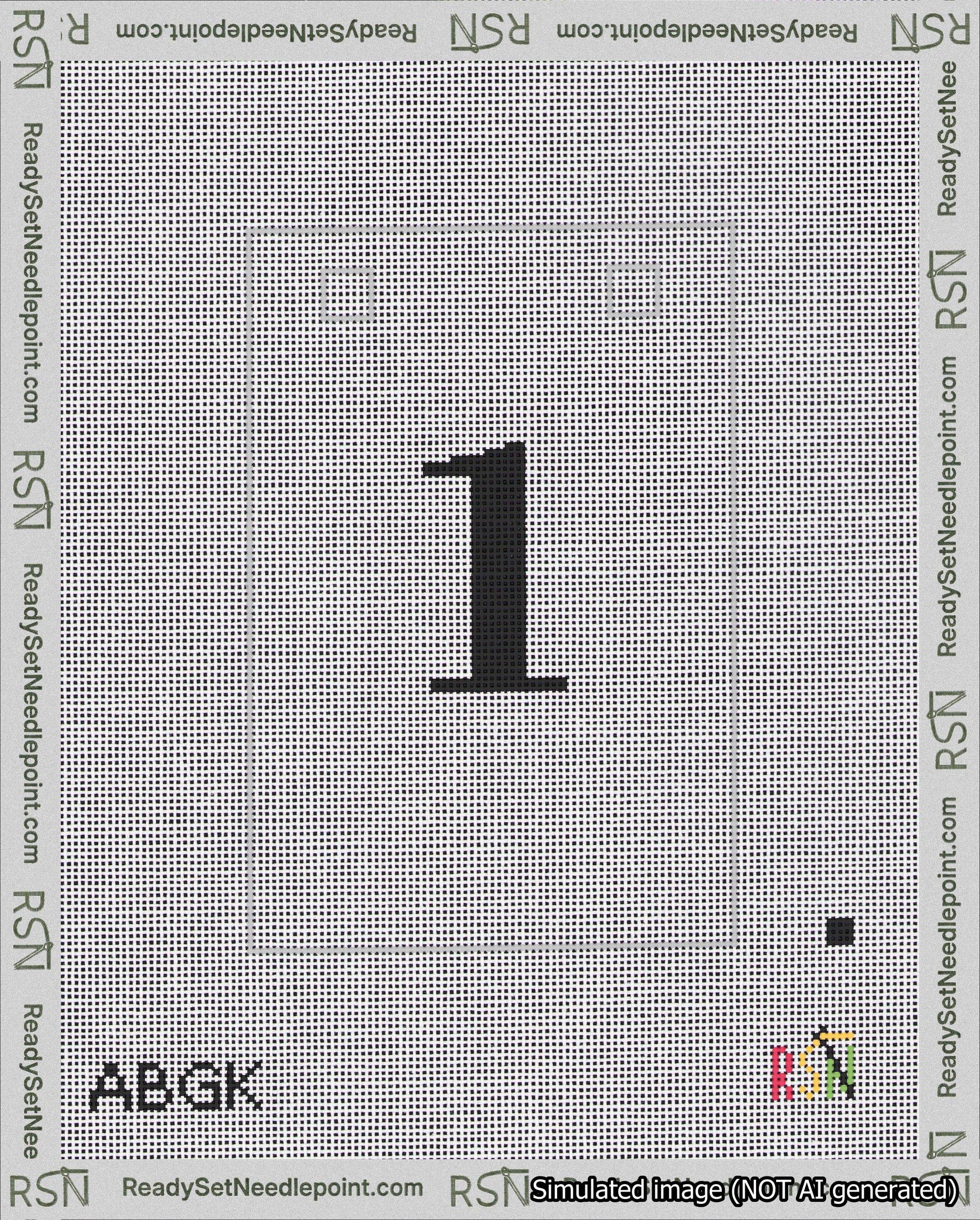 A taped needlepoint canvas with the design: Banner 18 mesh count Squared 1 Black on White.