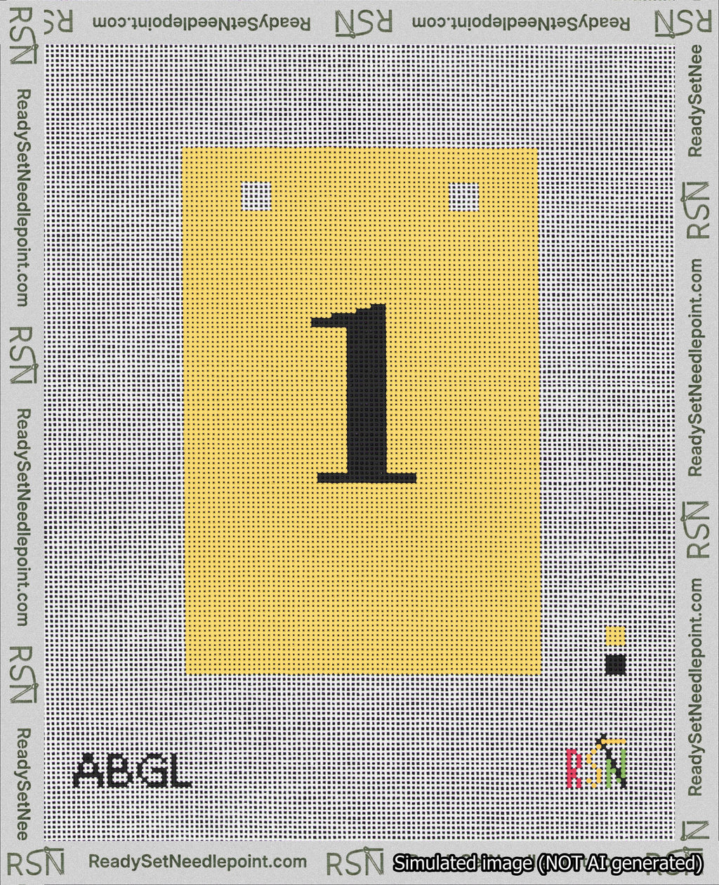 A taped needlepoint canvas with the design: Banner 18 mesh count Squared 1 Black on Yellow.