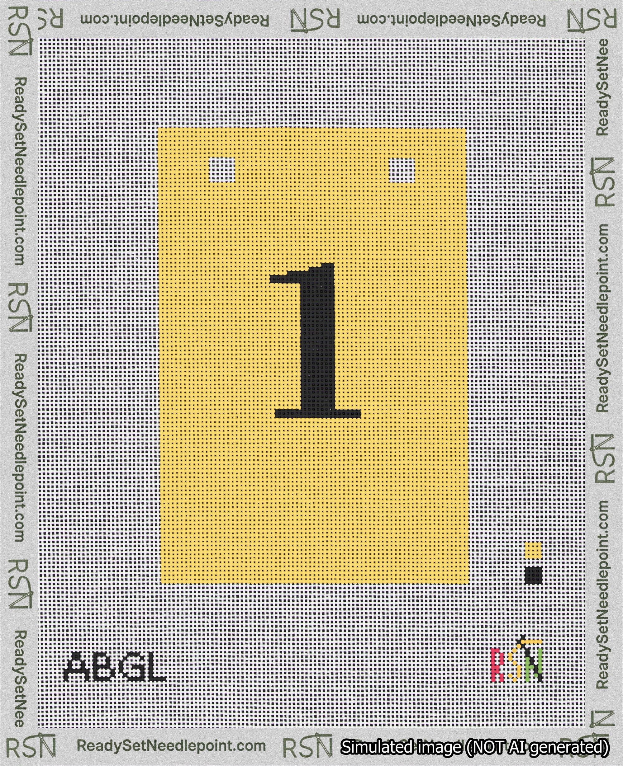 A taped needlepoint canvas with the design: Banner 18 mesh count Squared 1 Black on Yellow.