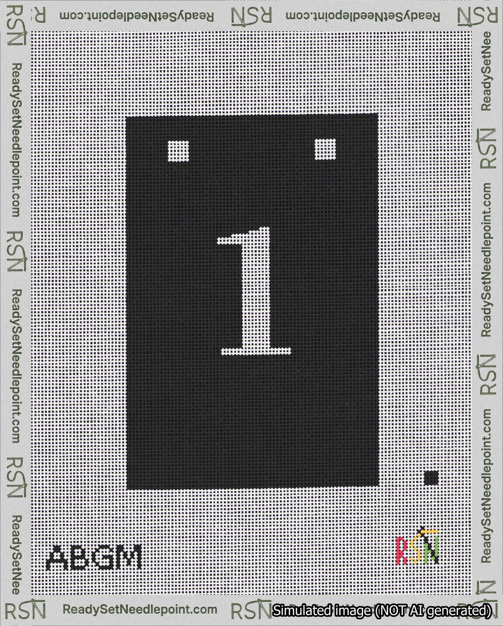 A taped needlepoint canvas with the design: Banner 18 mesh count Squared 1 White on Black.