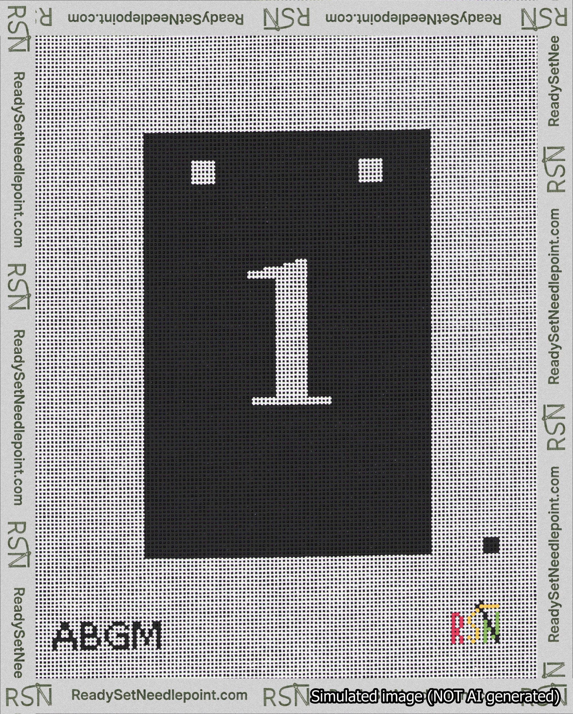 A taped needlepoint canvas with the design: Banner 18 mesh count Squared 1 White on Black.