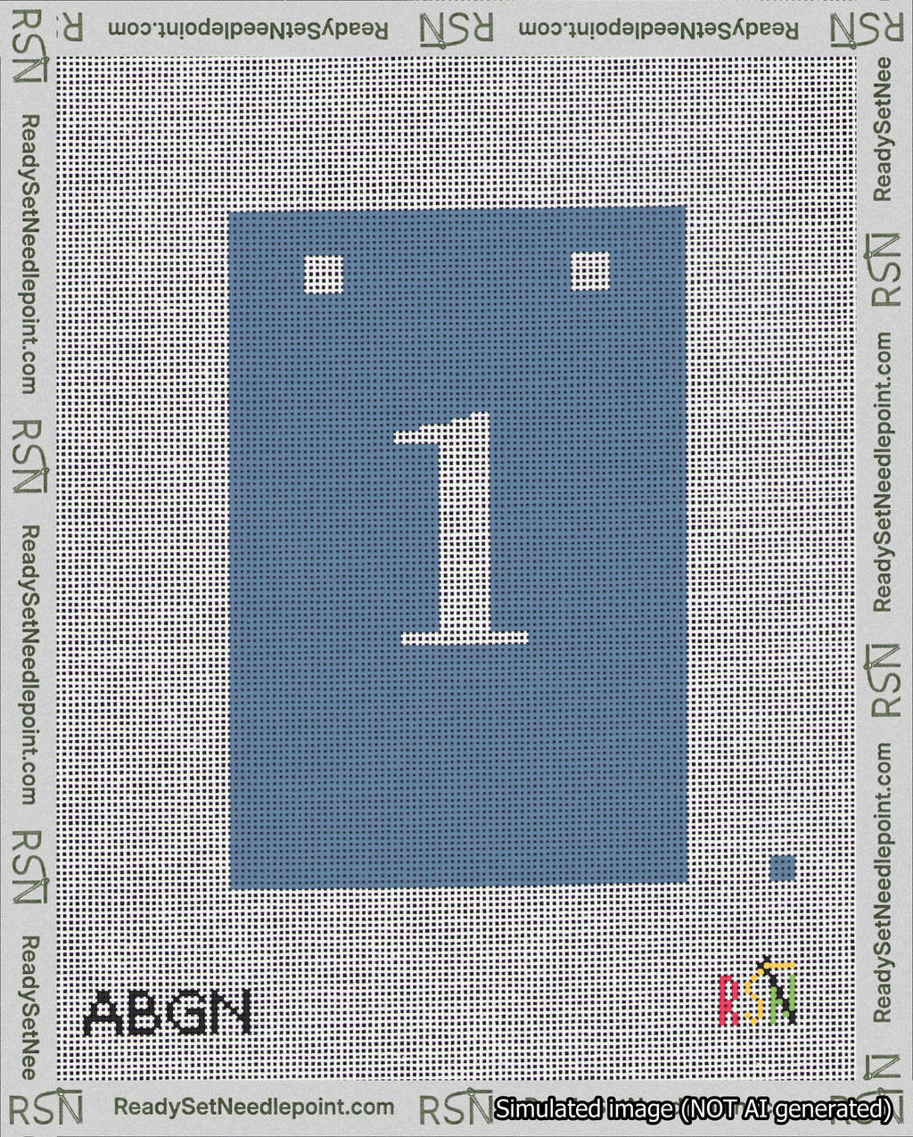 A taped needlepoint canvas with the design: Banner 18 mesh count Squared 1 White on Blue.