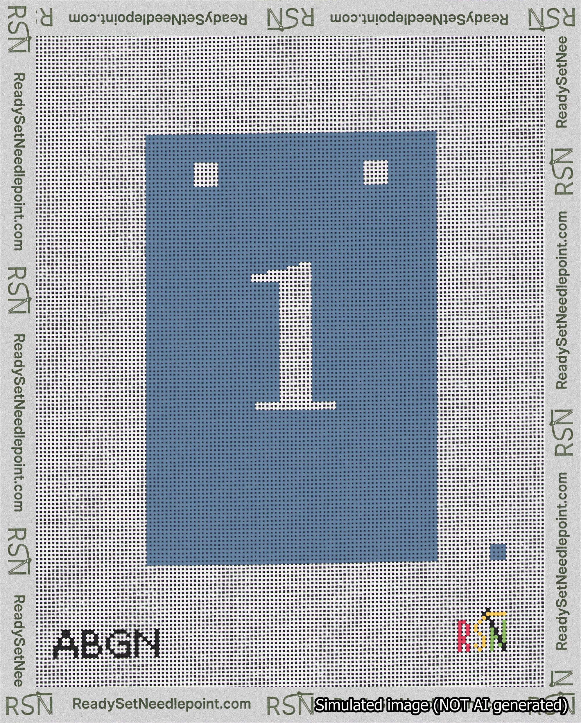 A taped needlepoint canvas with the design: Banner 18 mesh count Squared 1 White on Blue.