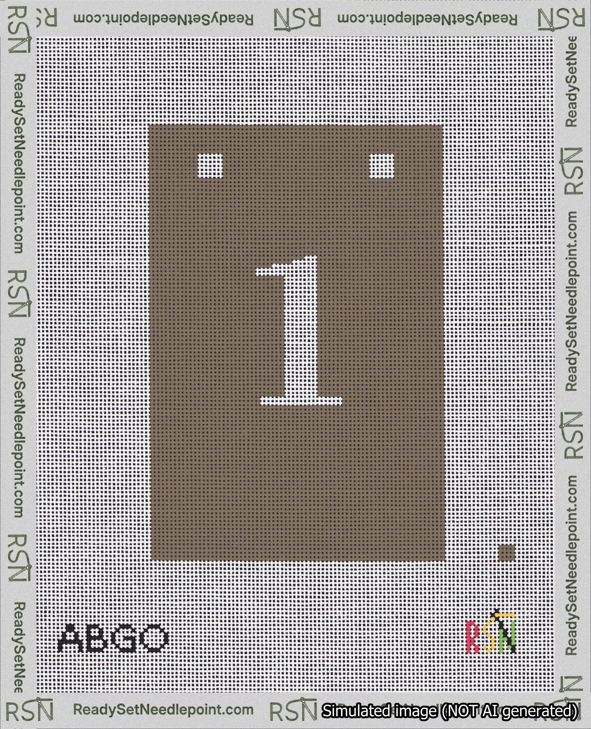 A taped needlepoint canvas with the design: Banner 18 mesh count Squared 1 White on Brown.