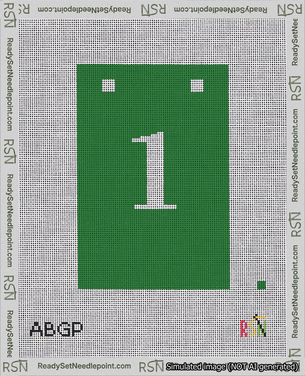 A taped needlepoint canvas with the design: Banner 18 mesh count Squared 1 White on Green.
