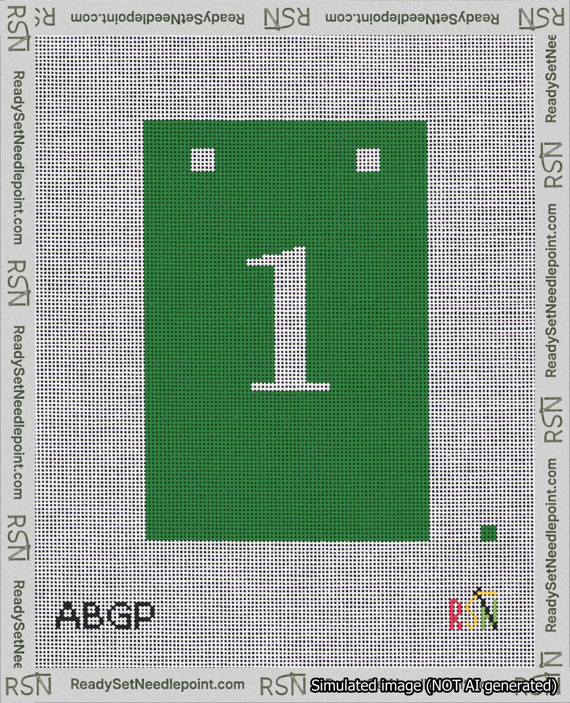 A taped needlepoint canvas with the design: Banner 18 mesh count Squared 1 White on Green.