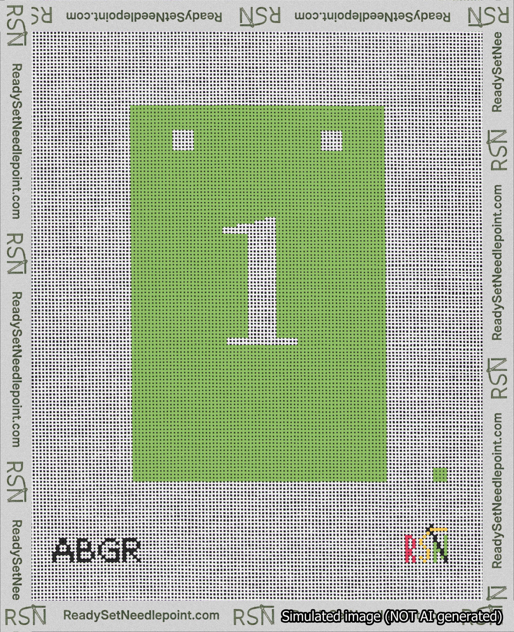 A taped needlepoint canvas with the design: Banner 18 mesh count Squared 1 White on Light Green.
