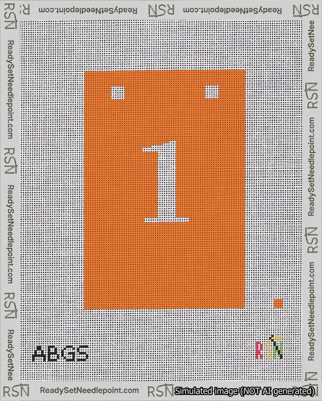 A taped needlepoint canvas with the design: Banner 18 mesh count Squared 1 White on Orange.