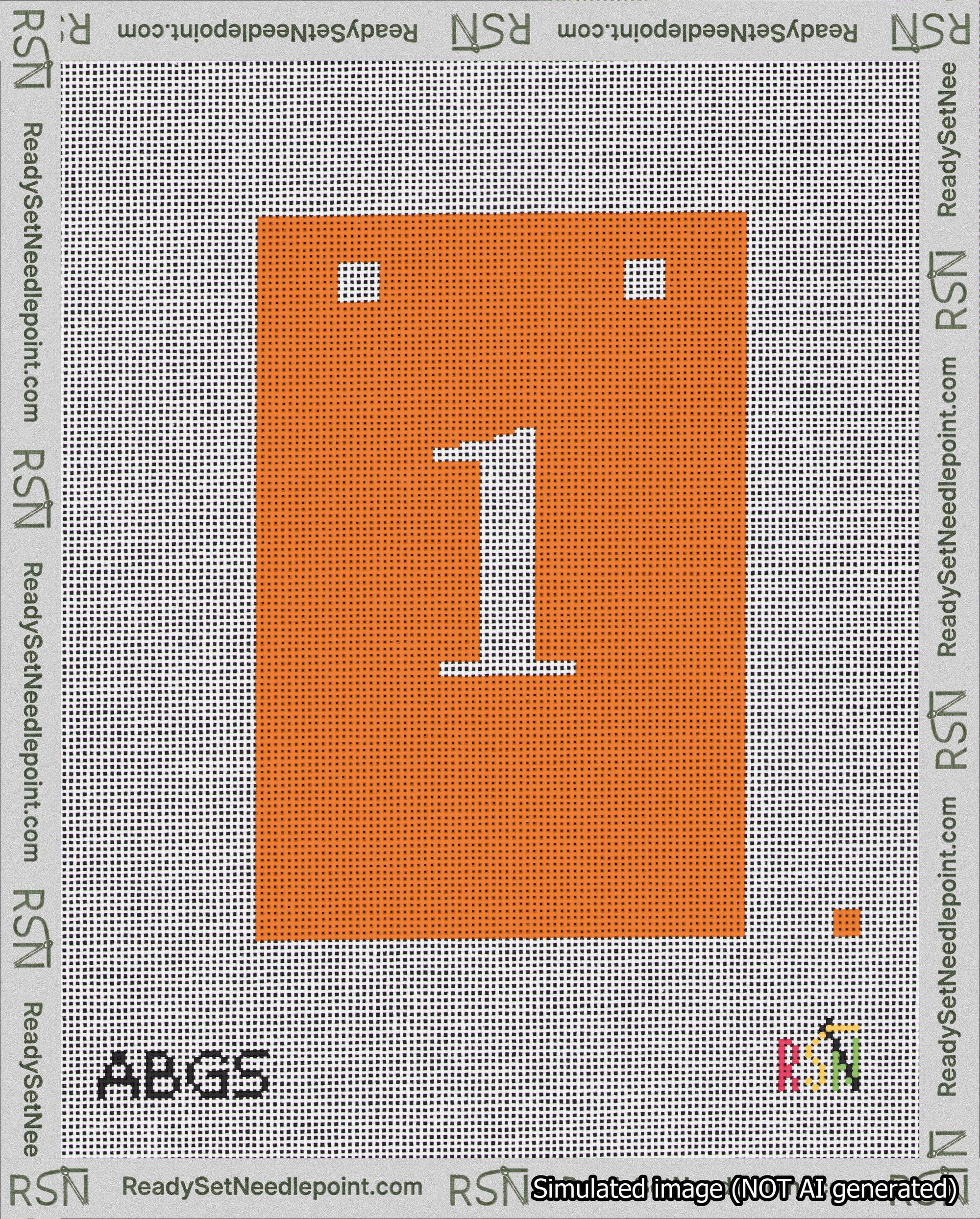 A taped needlepoint canvas with the design: Banner 18 mesh count Squared 1 White on Orange.