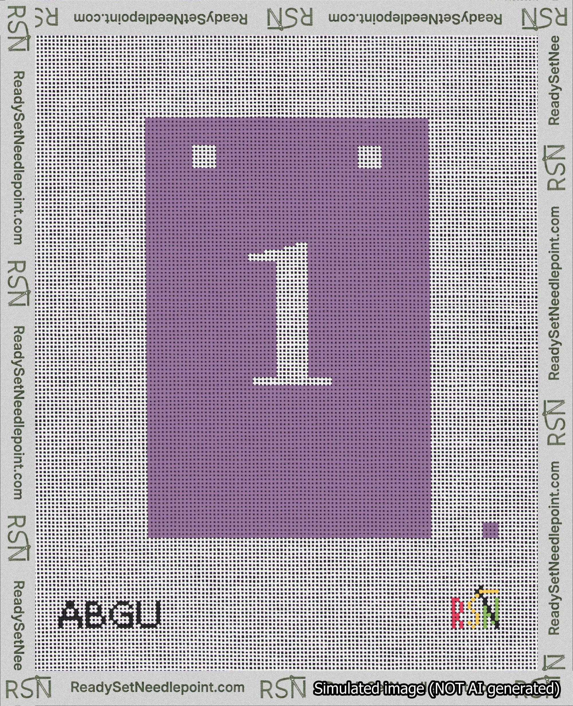 A taped needlepoint canvas with the design: Banner 18 mesh count Squared 1 White on Purple.