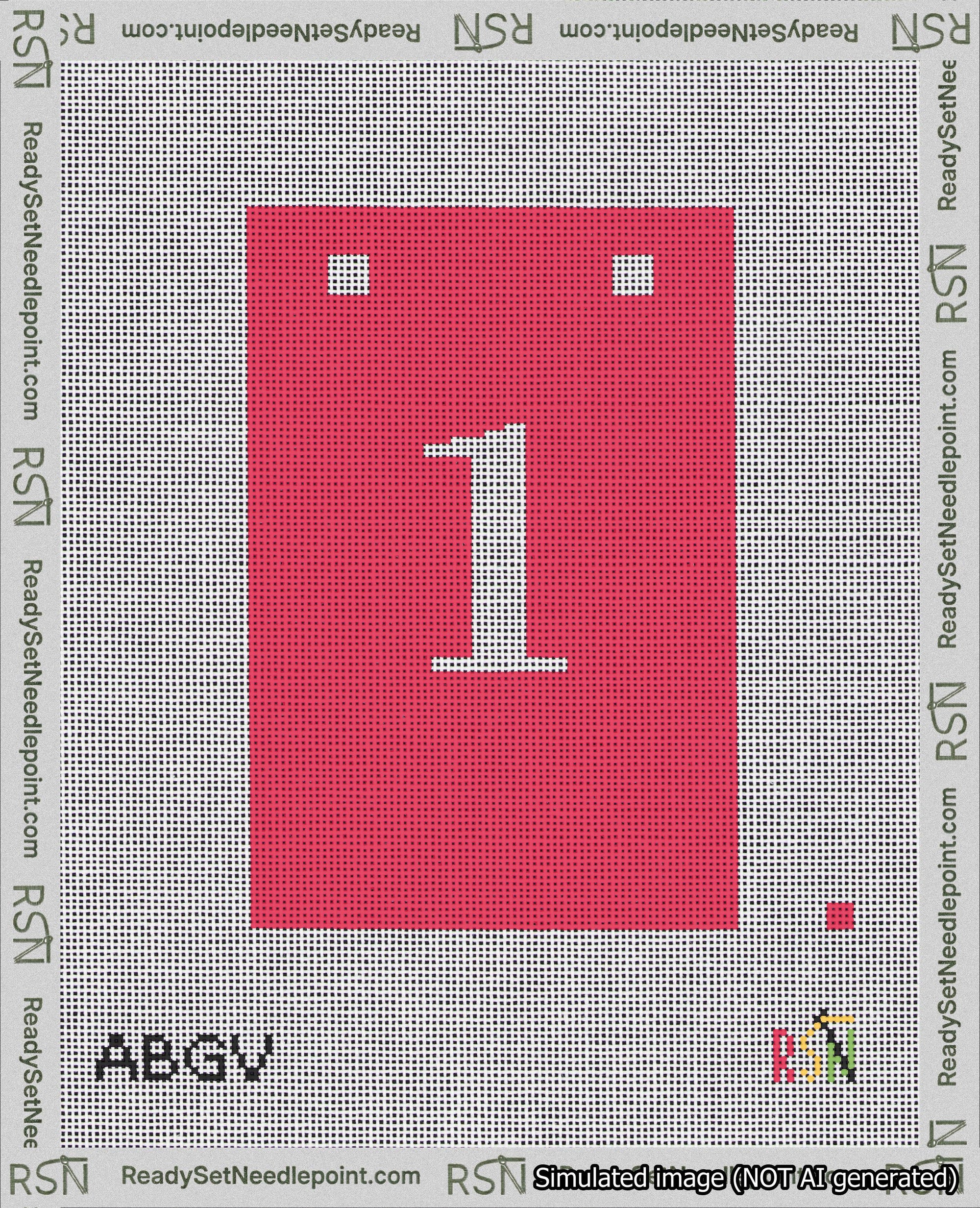 A taped needlepoint canvas with the design: Banner 18 mesh count Squared 1 White on Red.