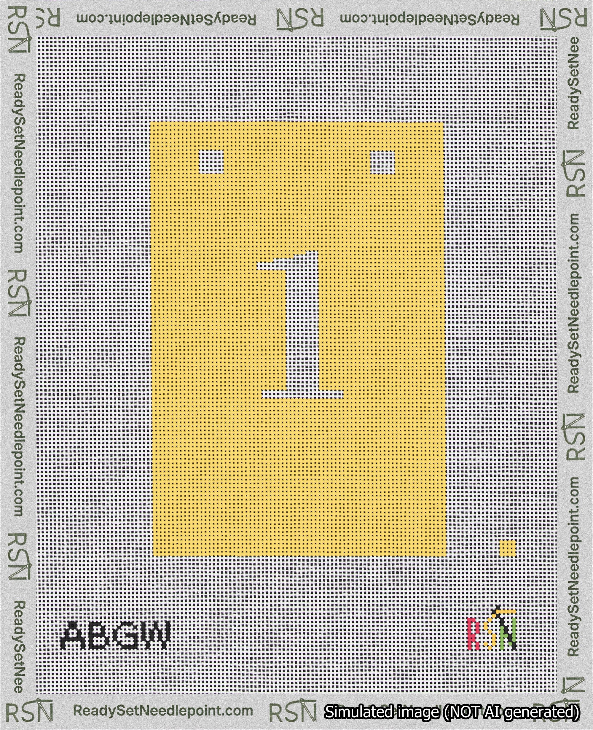A taped needlepoint canvas with the design: Banner 18 mesh count Squared 1 White on Yellow.