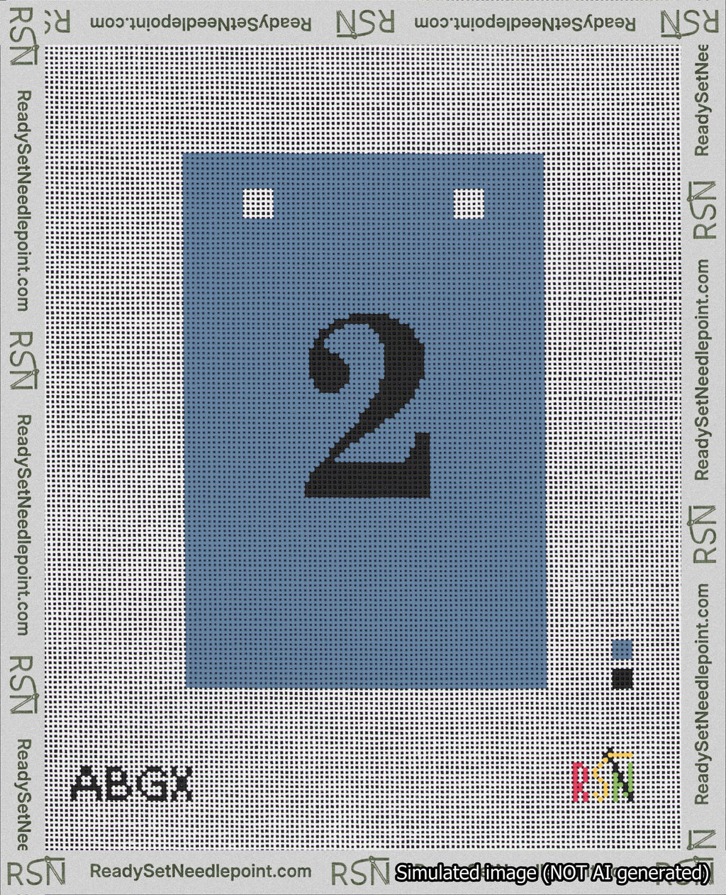 A taped needlepoint canvas with the design: Banner 18 mesh count Squared 2 Black on Blue.