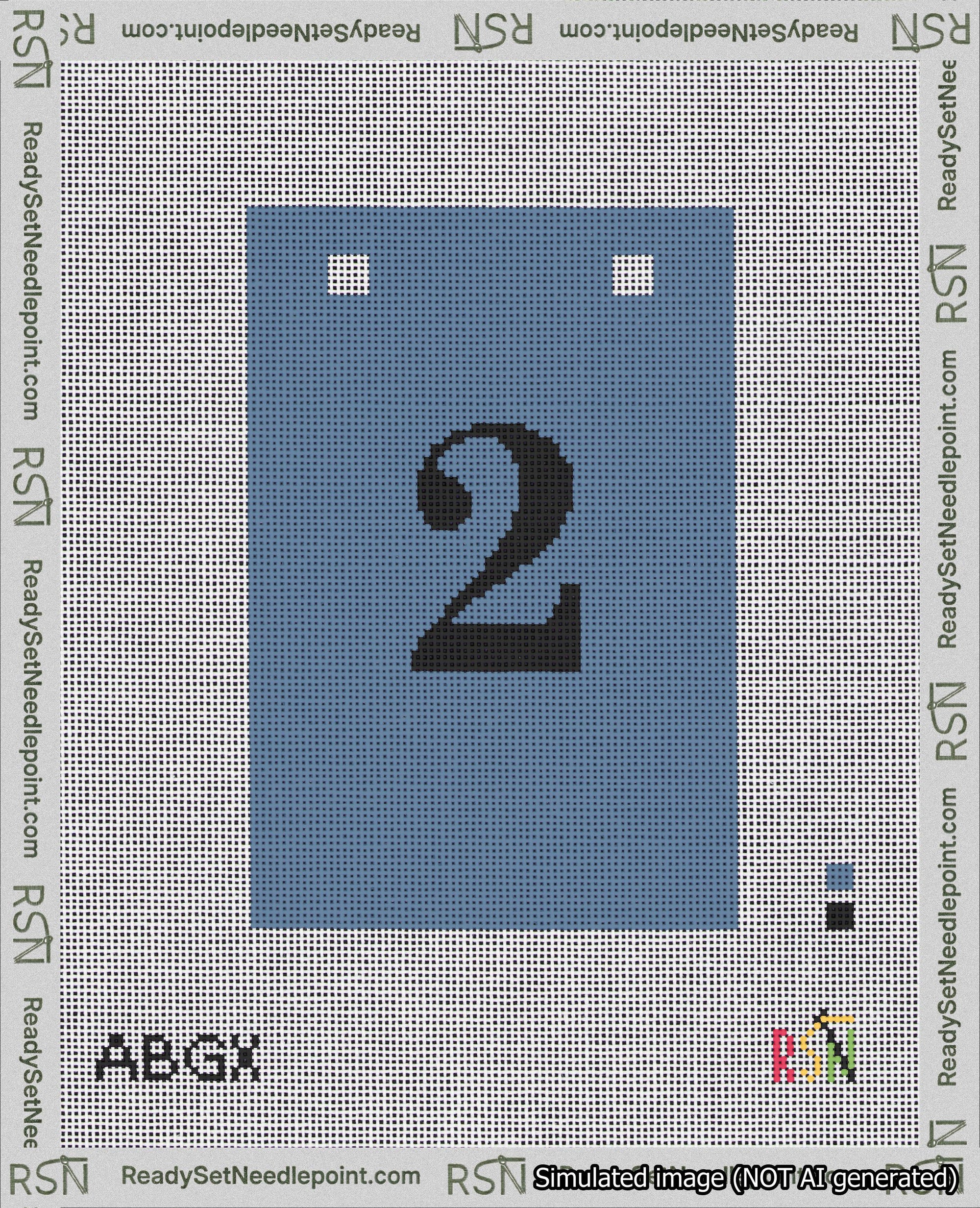 A taped needlepoint canvas with the design: Banner 18 mesh count Squared 2 Black on Blue.
