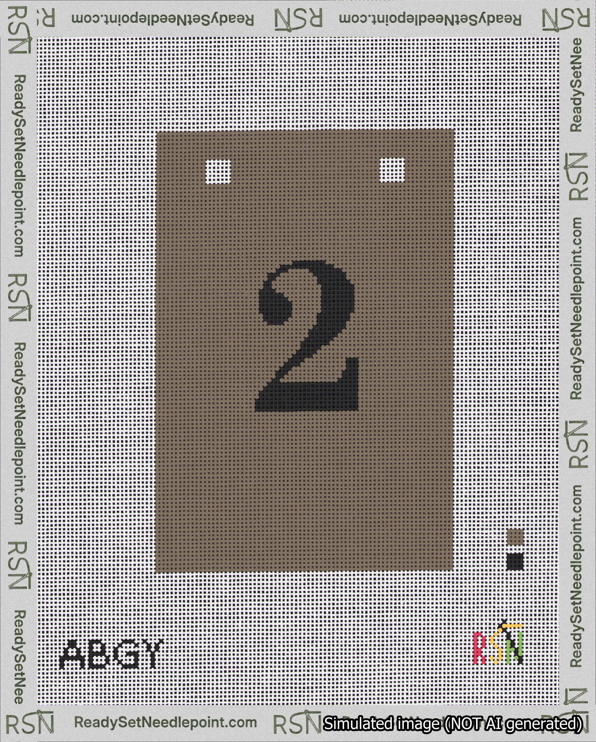 A taped needlepoint canvas with the design: Banner 18 mesh count Squared 2 Black on Brown.
