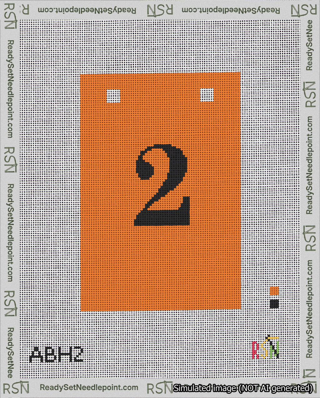 A taped needlepoint canvas with the design: Banner 18 mesh count Squared 2 Black on Orange.