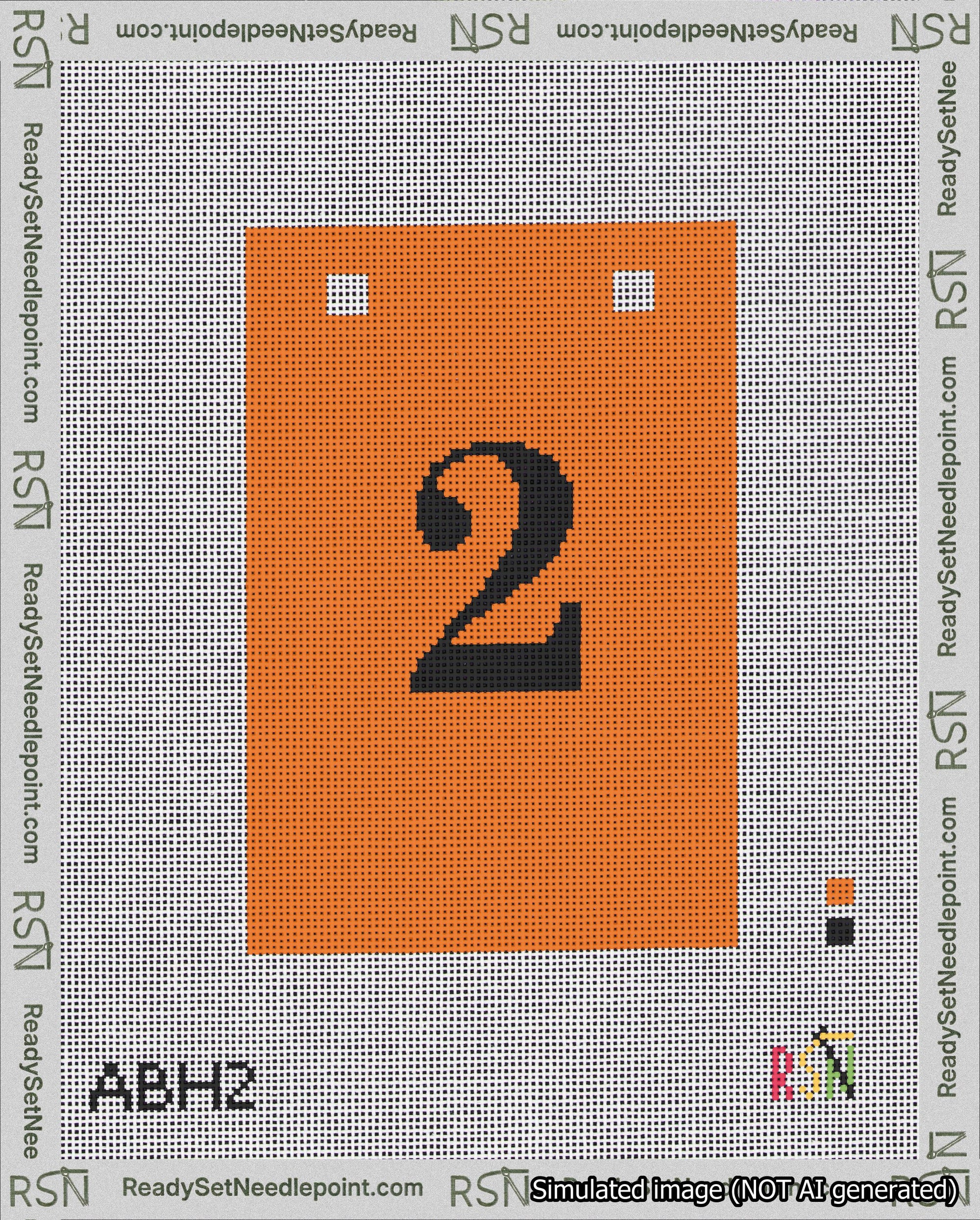 A taped needlepoint canvas with the design: Banner 18 mesh count Squared 2 Black on Orange.