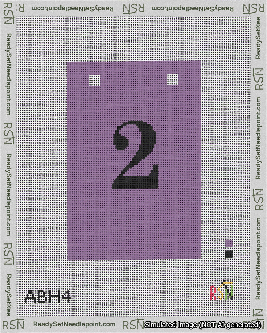 A taped needlepoint canvas with the design: Banner 18 mesh count Squared 2 Black on Purple.