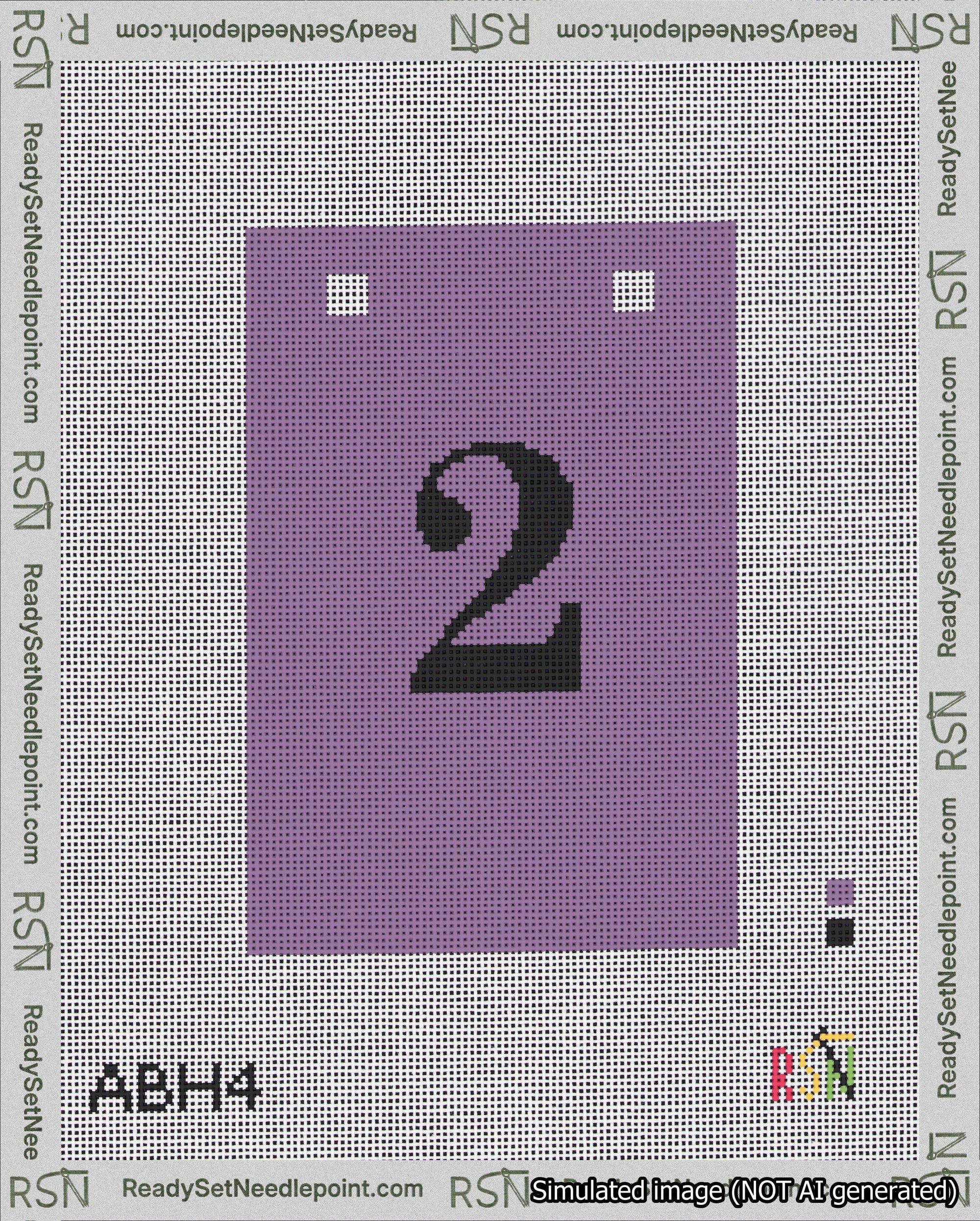 A taped needlepoint canvas with the design: Banner 18 mesh count Squared 2 Black on Purple.