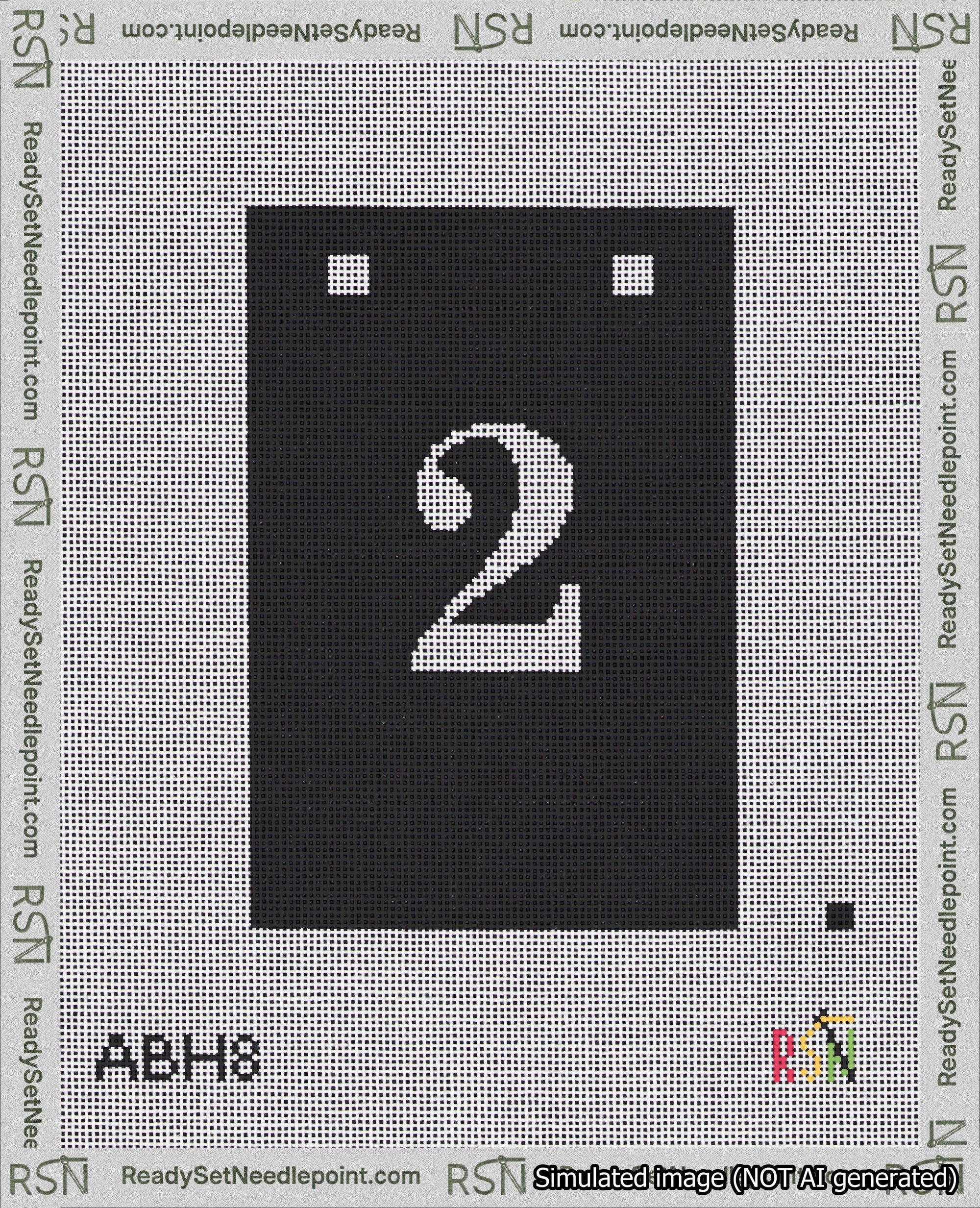 A taped needlepoint canvas with the design: Banner 18 mesh count Squared 2 White on Black.