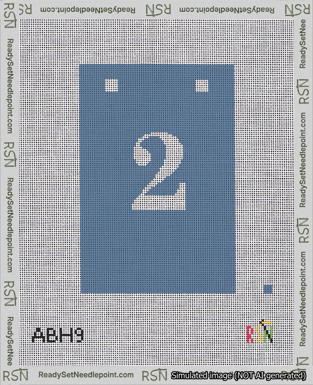 A taped needlepoint canvas with the design: Banner 18 mesh count Squared 2 White on Blue.