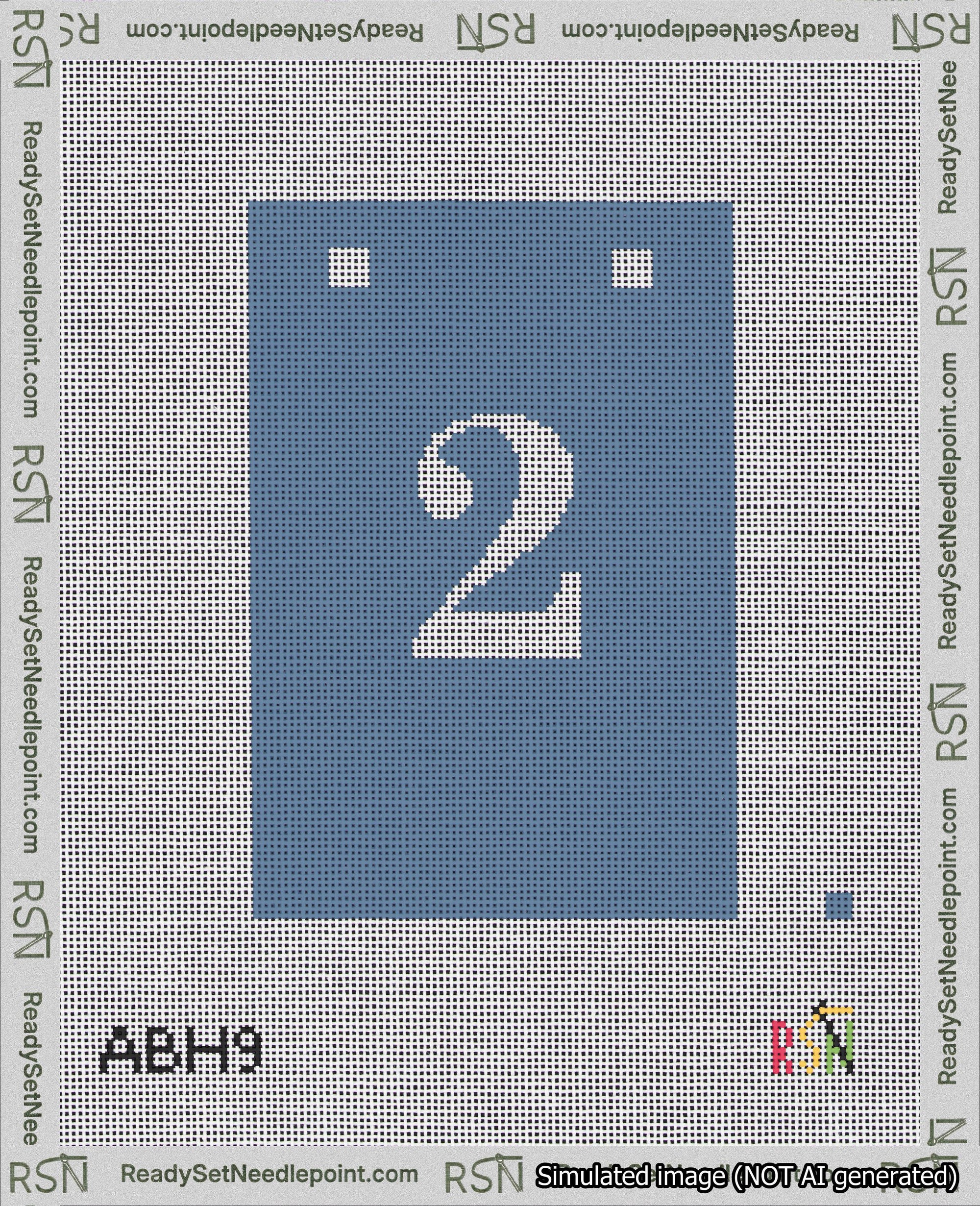 A taped needlepoint canvas with the design: Banner 18 mesh count Squared 2 White on Blue.